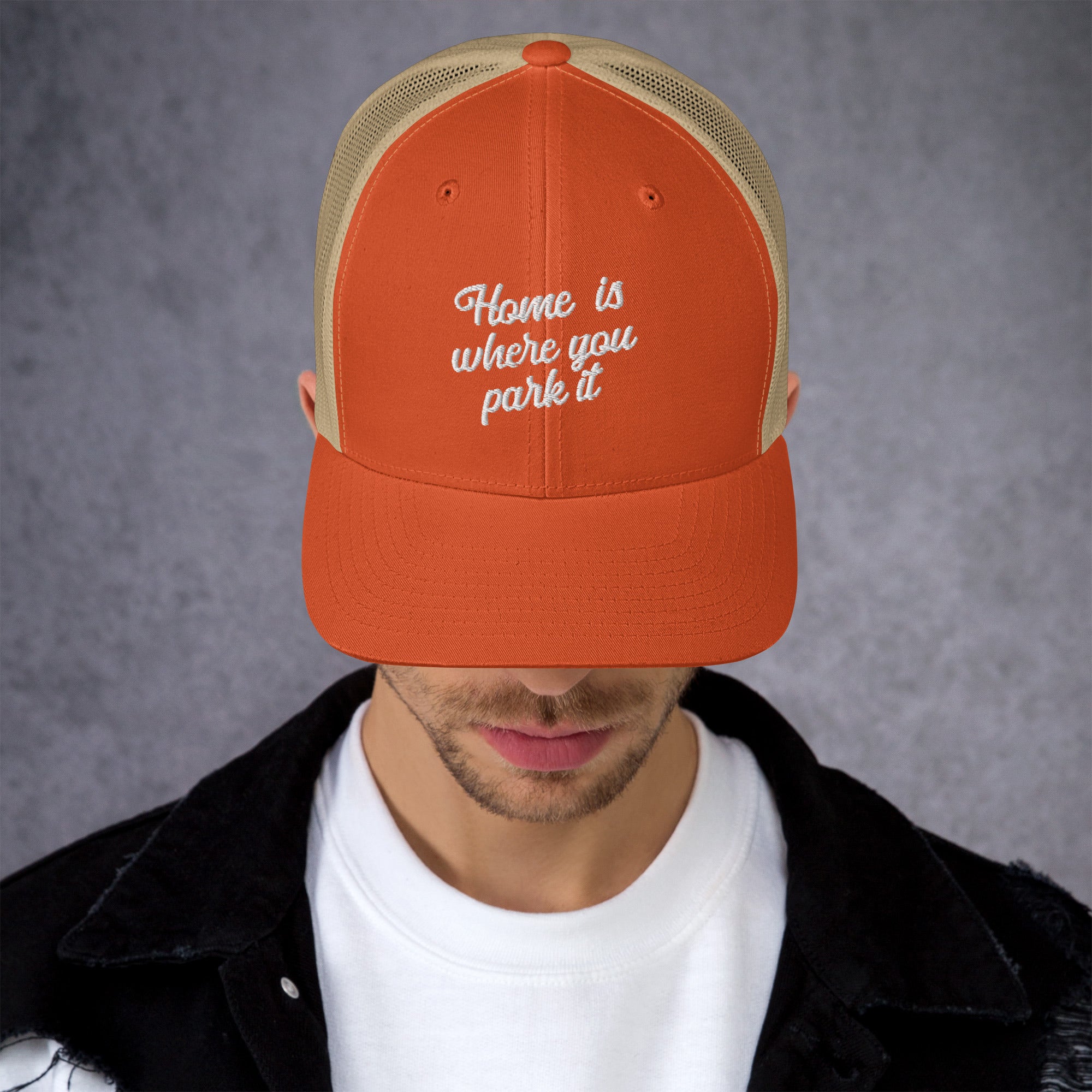 Two-Tone Retro Trucker Cap Home is where you park it white