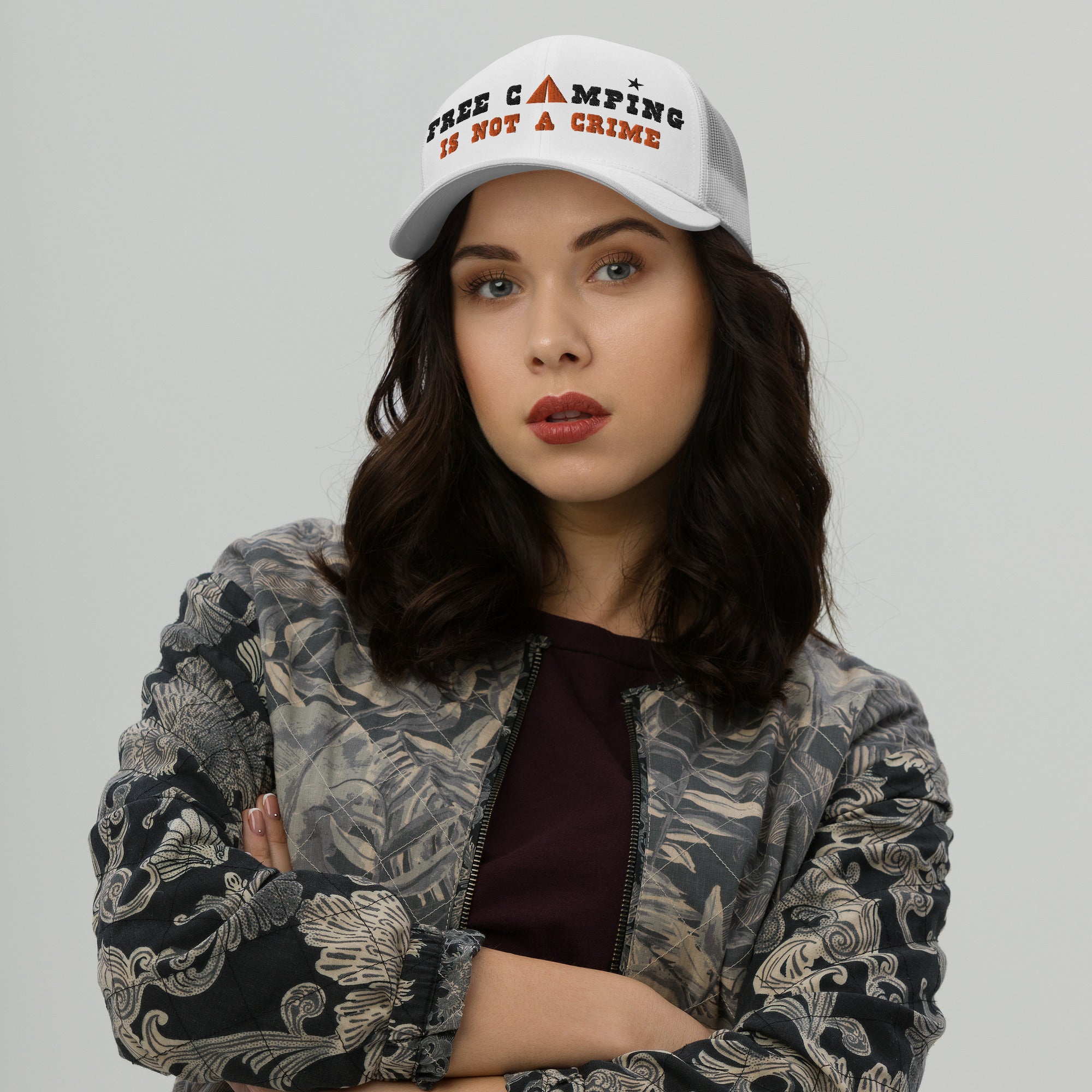 Two-Tone Retro Trucker Cap Free camping is not a crime black/orange