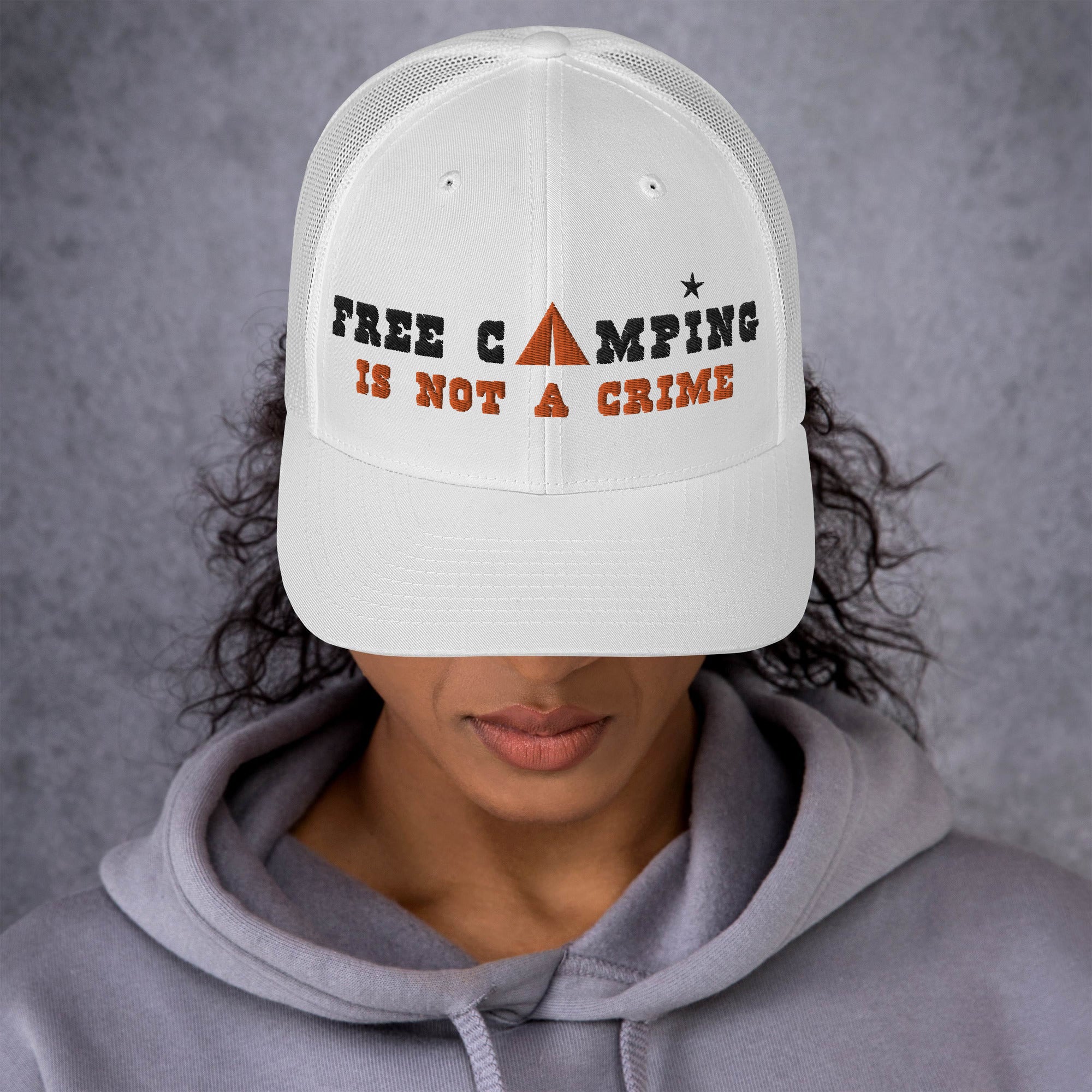 Two-Tone Retro Trucker Cap Free camping is not a crime black/orange