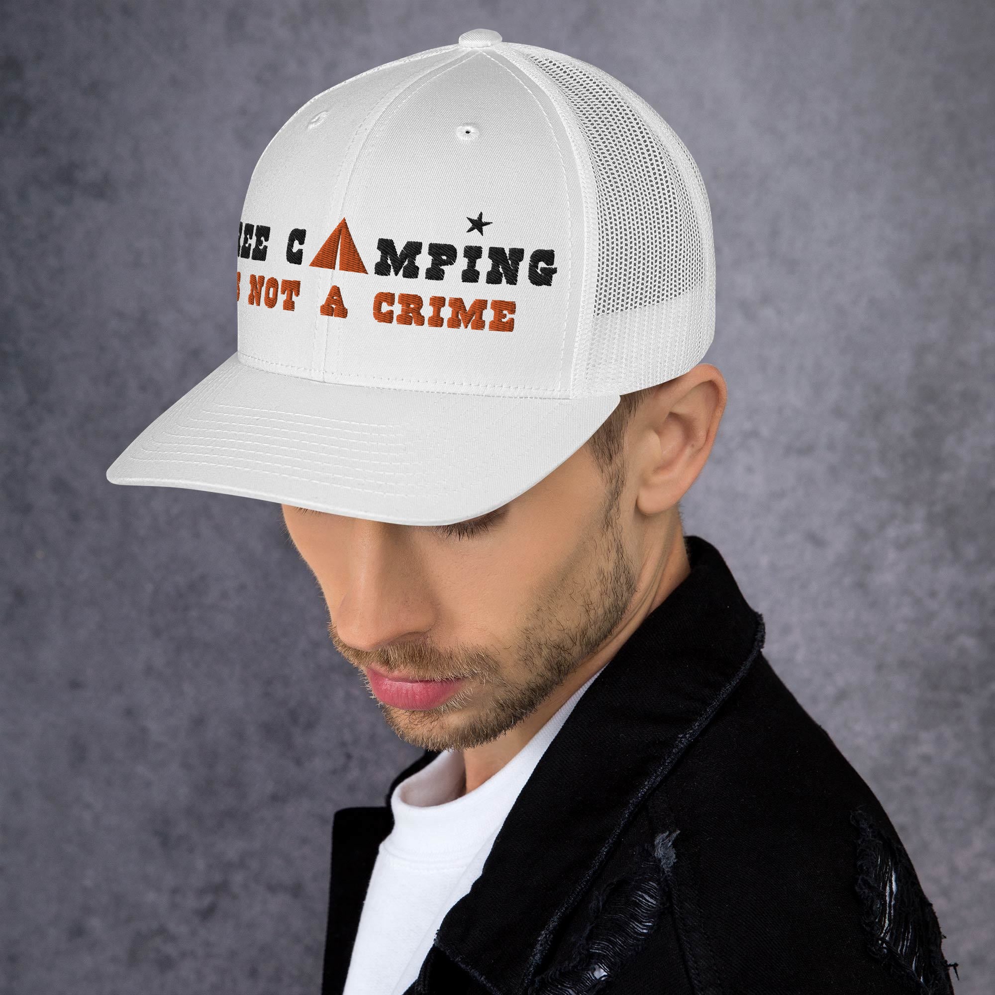 Two-Tone Retro Trucker Cap Free camping is not a crime black/orange