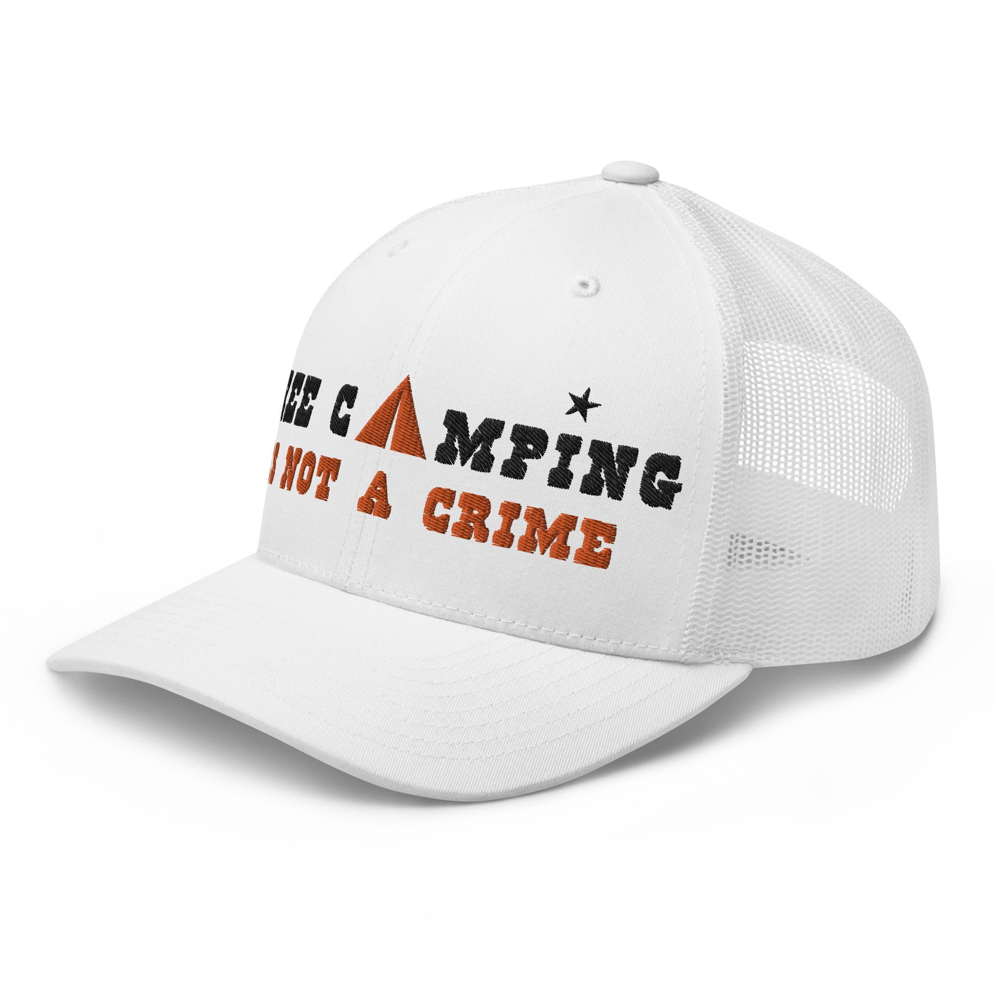 Two-Tone Retro Trucker Cap Free camping is not a crime black/orange