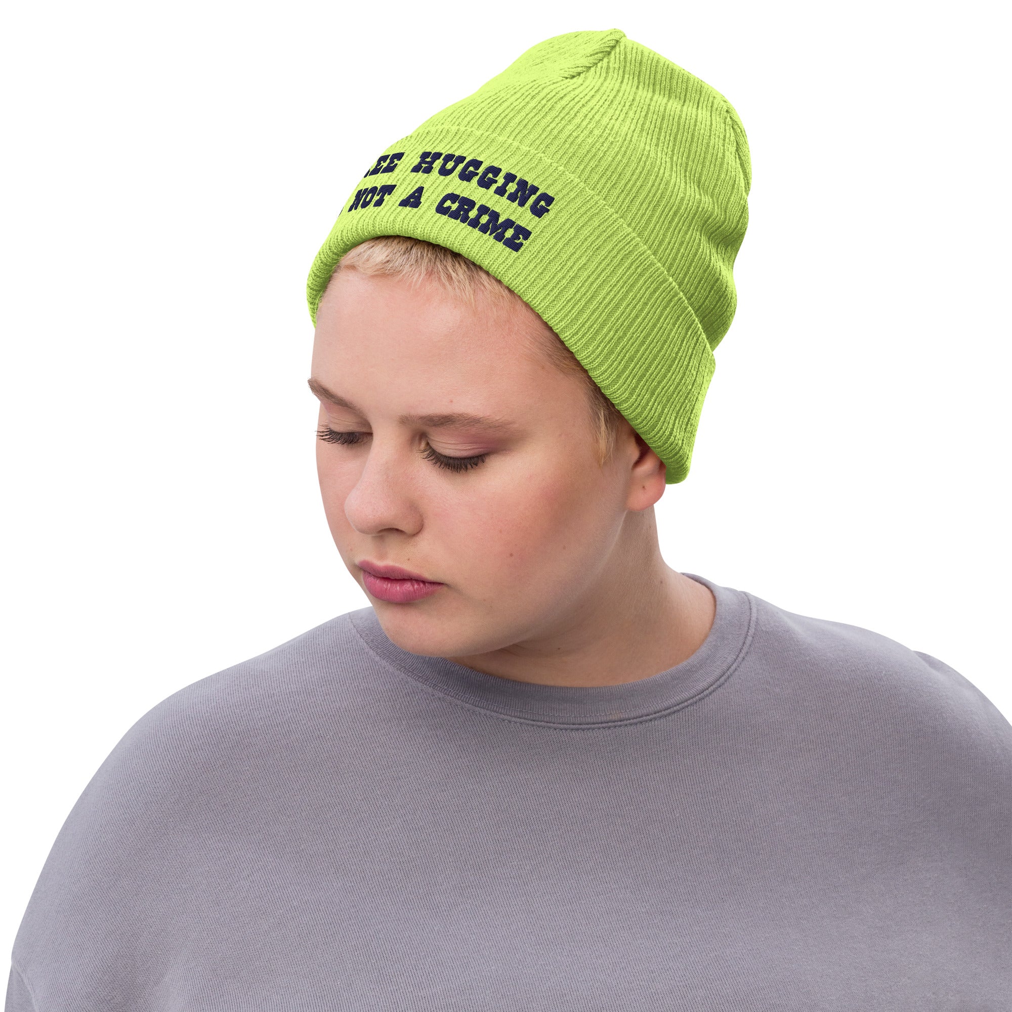Eco ribbed knit beanie Tree Hugging is not a crime Navy