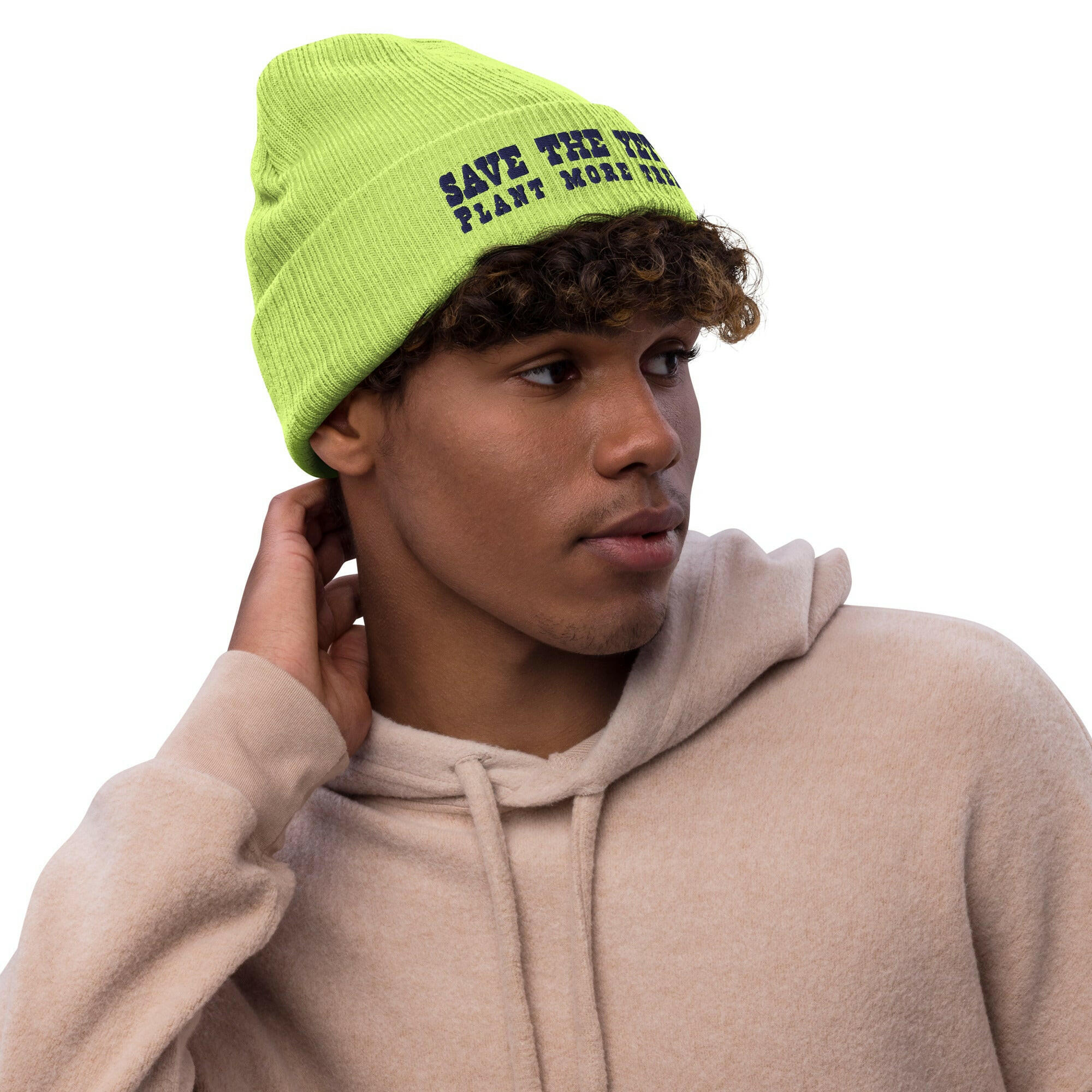 Eco ribbed knit beanie Save the Yetis, Plant more Trees Navy