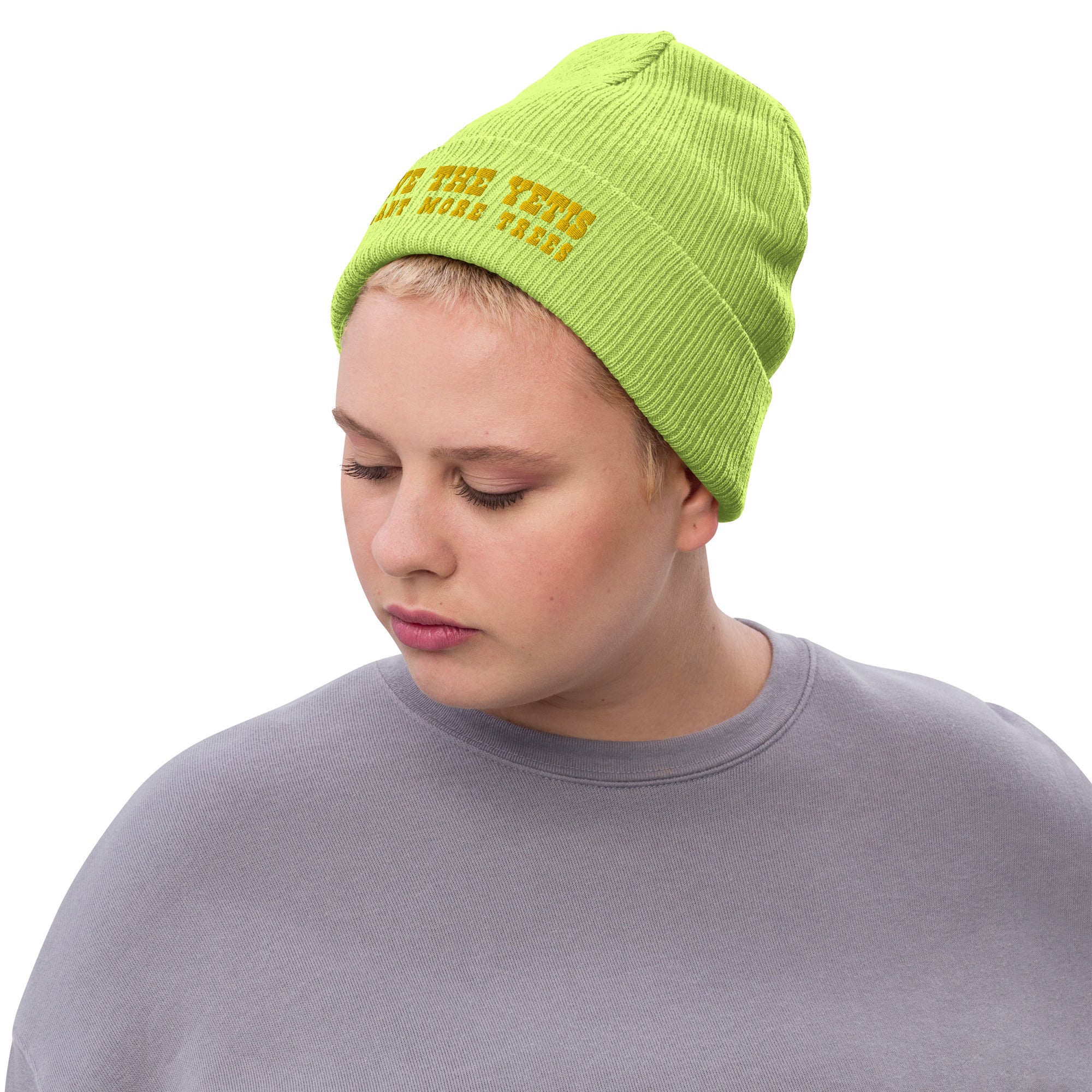 Eco ribbed knit beanie Save the Yetis, Plant more Trees Gold