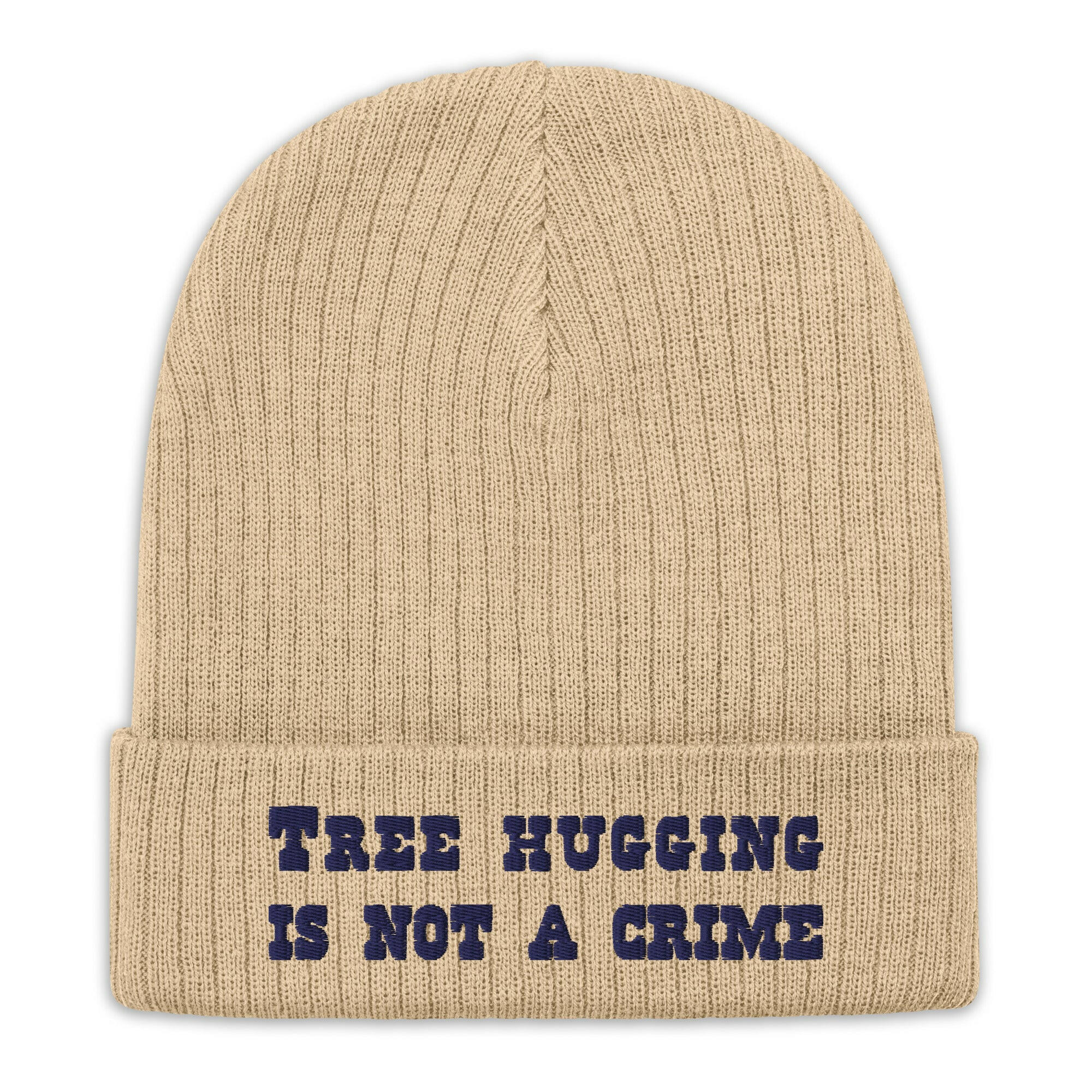 Eco ribbed knit beanie Tree Hugging is not a crime Navy