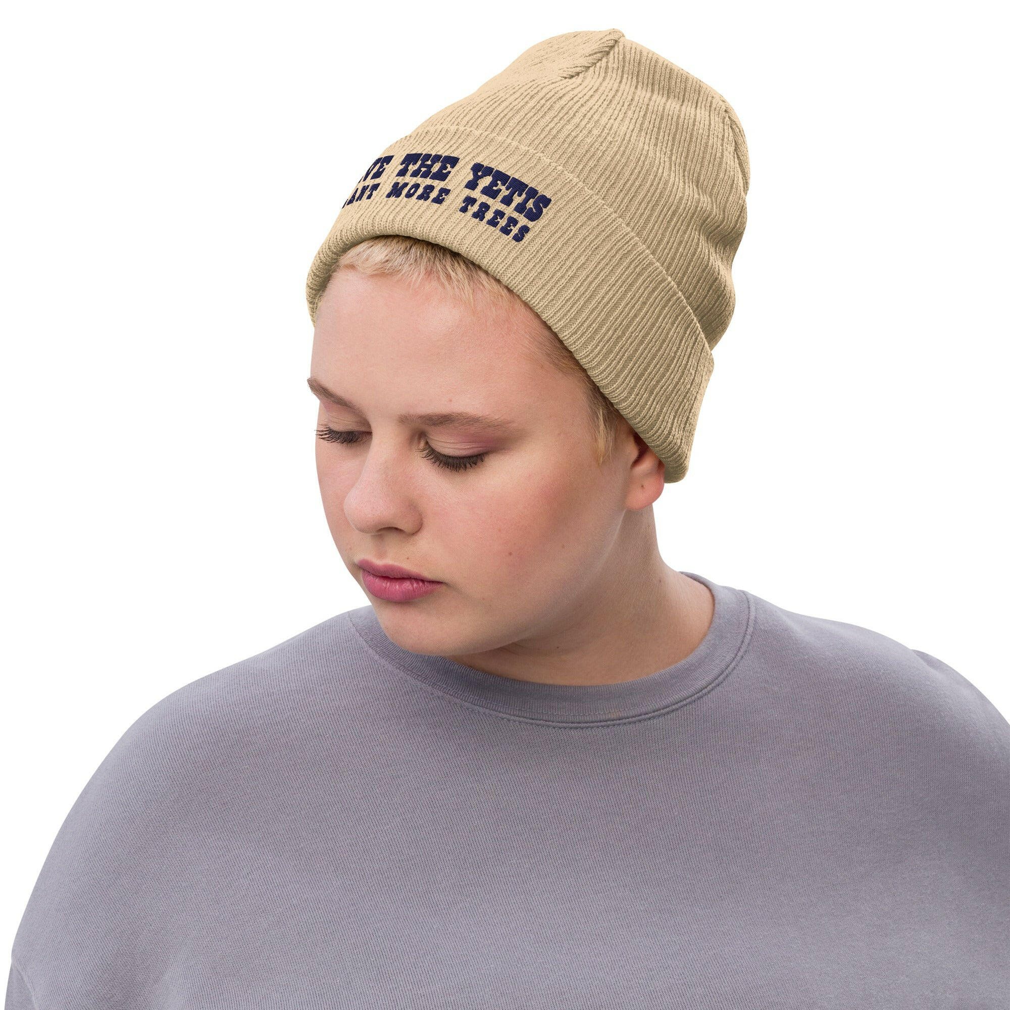 Eco ribbed knit beanie Save the Yetis, Plant more Trees Navy