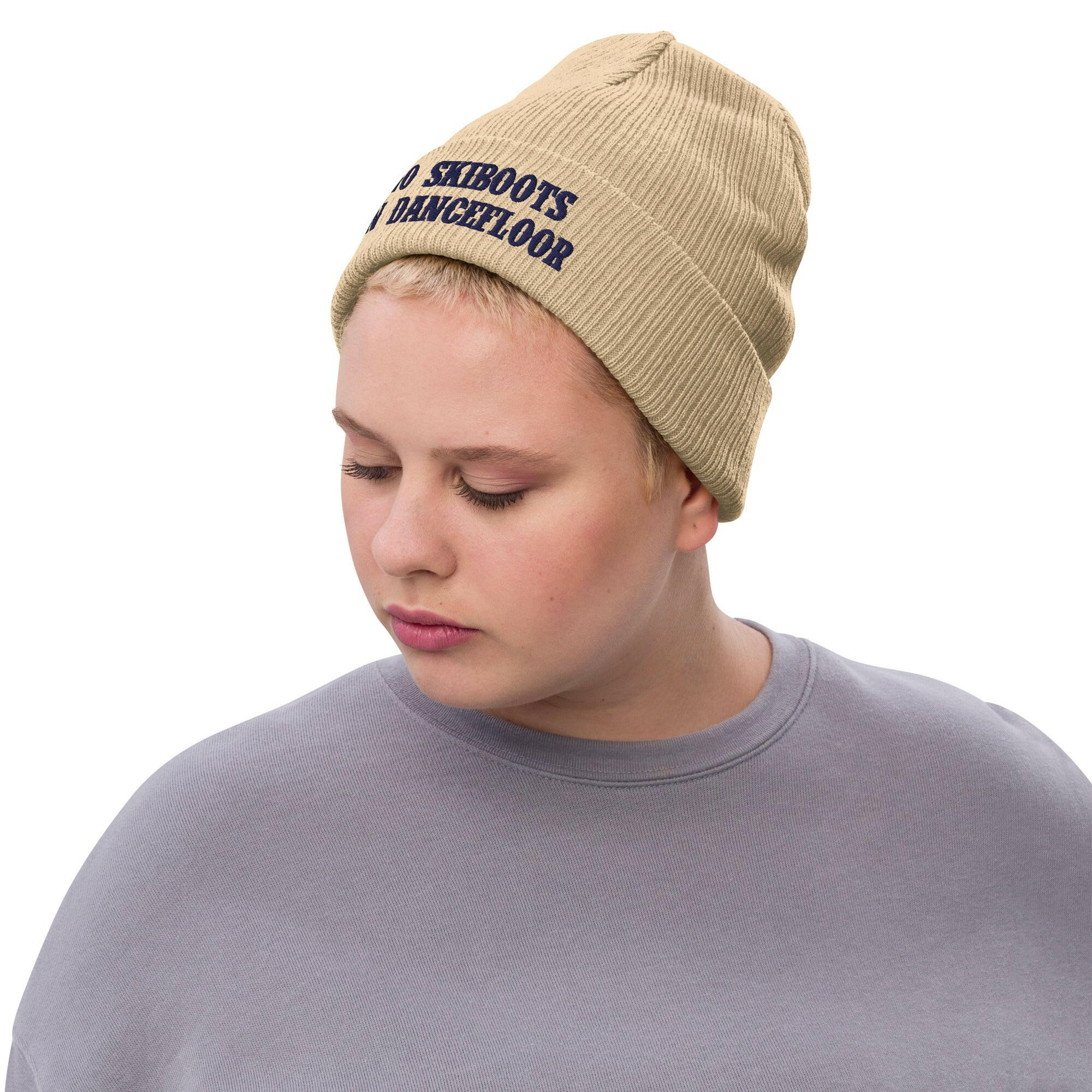 Eco ribbed knit beanie No Skiboots on Dancefloor Navy