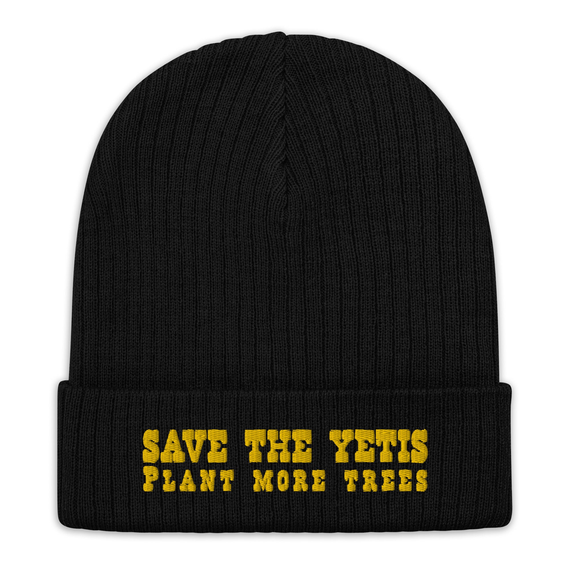 Eco ribbed knit beanie Save the Yetis, Plant more Trees Gold