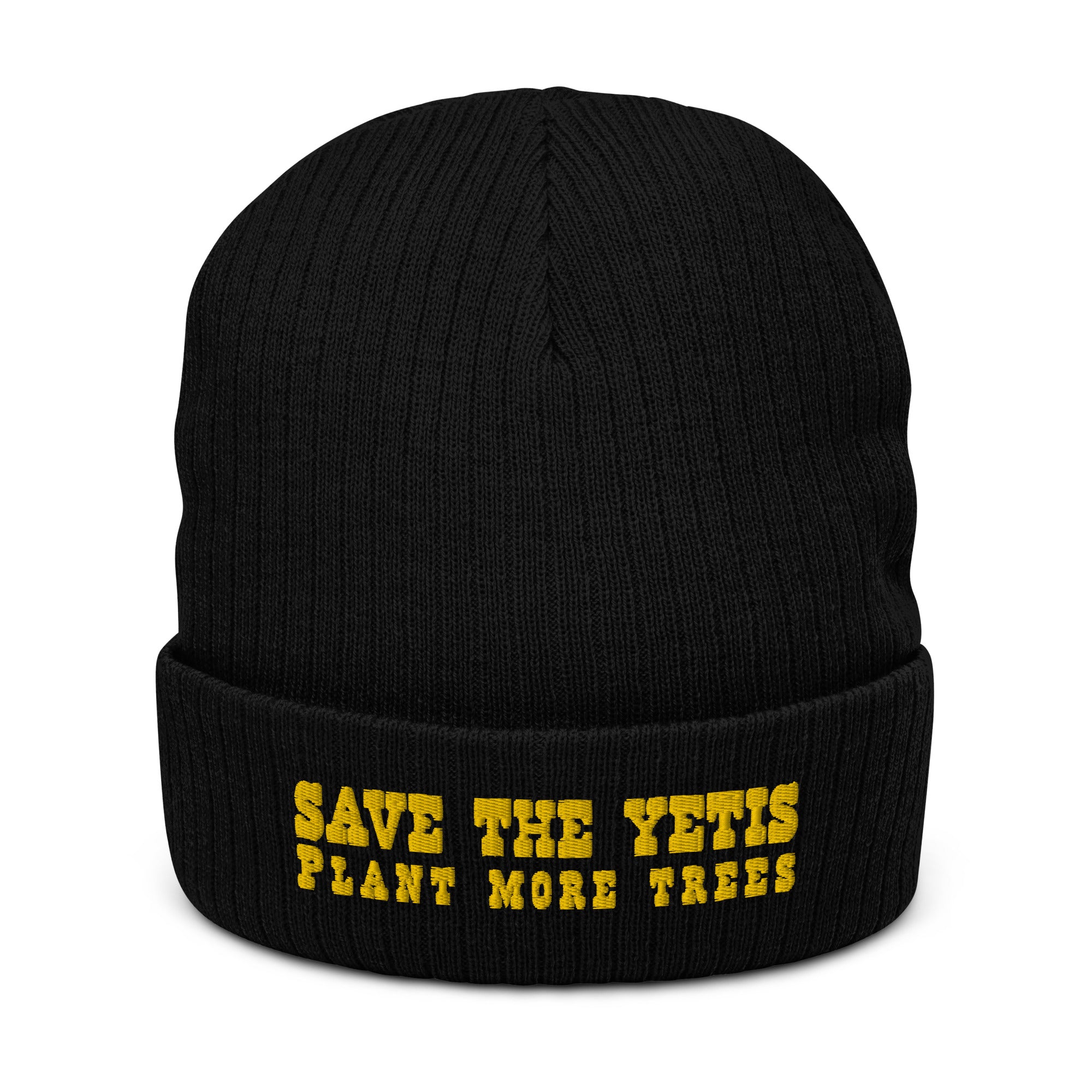 Eco ribbed knit beanie Save the Yetis, Plant more Trees Gold