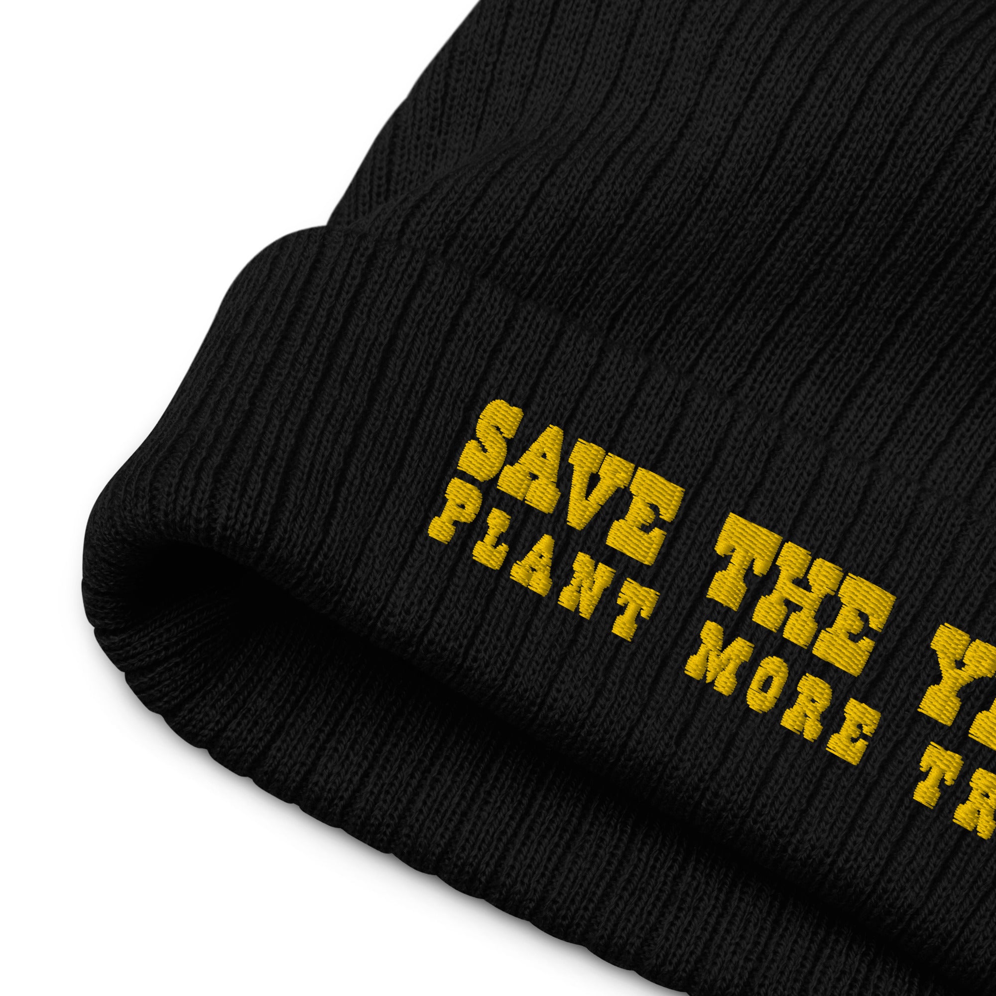 Bonnet éco-responsable en tricot côtelé Save the Yetis, Plant more Trees doré