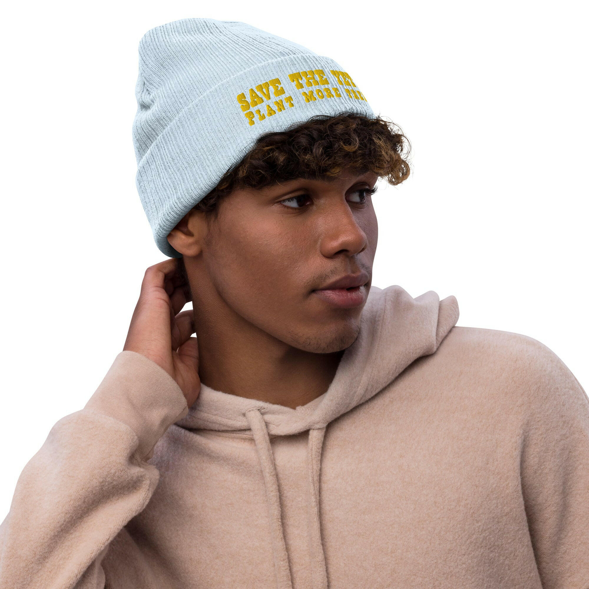 Eco ribbed knit beanie Save the Yetis, Plant more Trees Gold