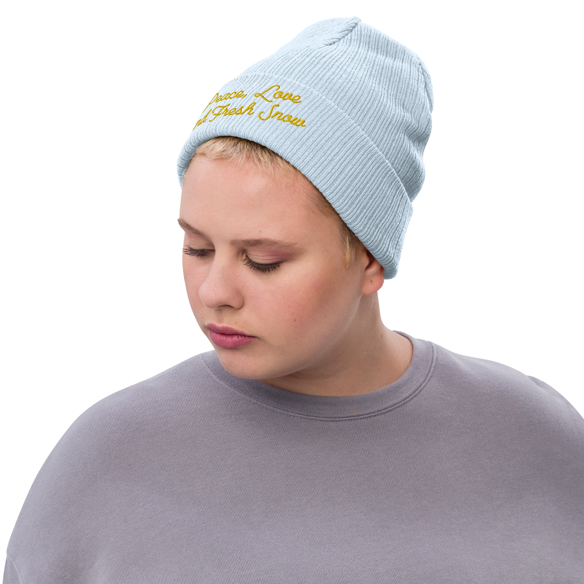Bonnet éco-responsable en tricot côtelé Peace, Love and Fresh Snow Gold
