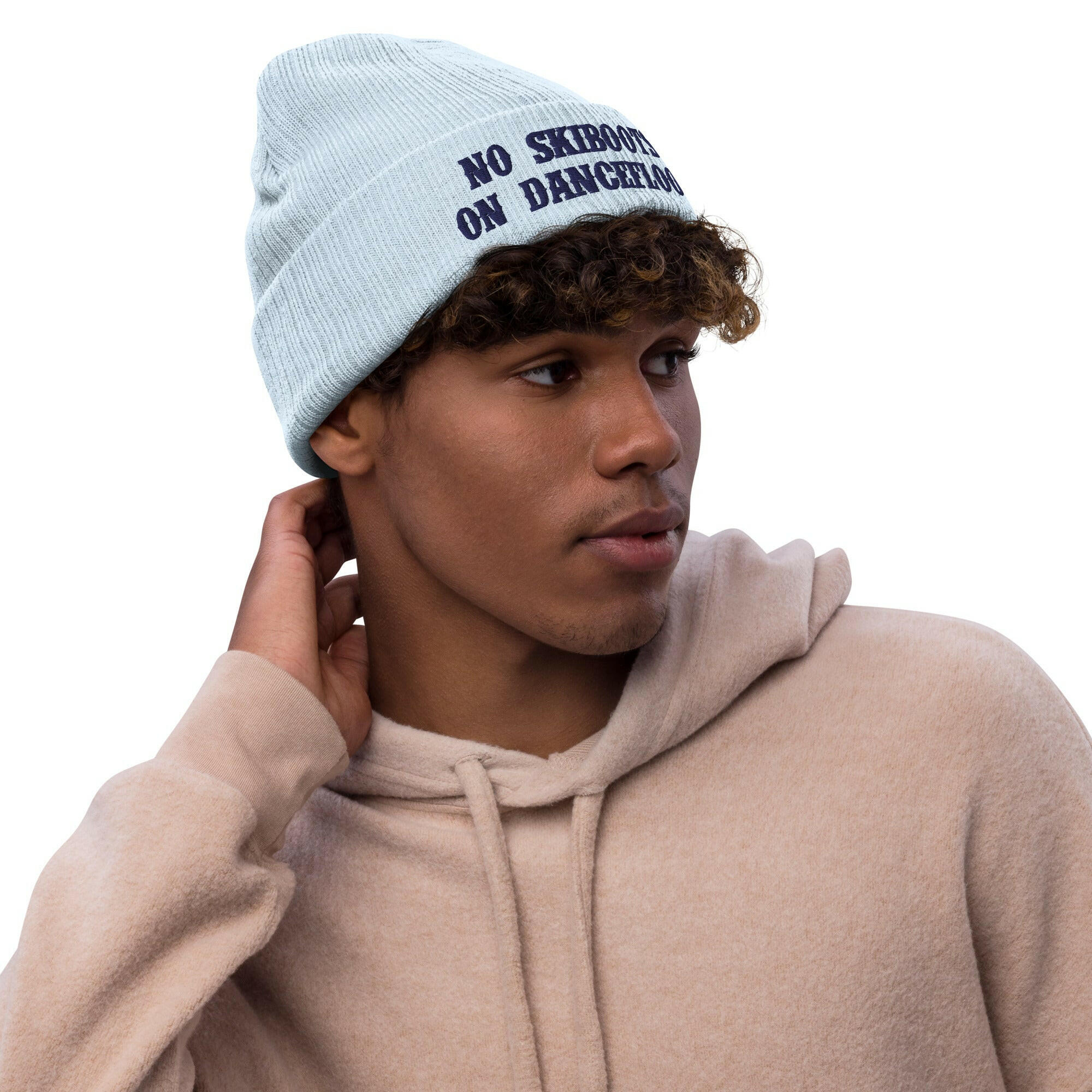 Eco ribbed knit beanie No Skiboots on Dancefloor Navy