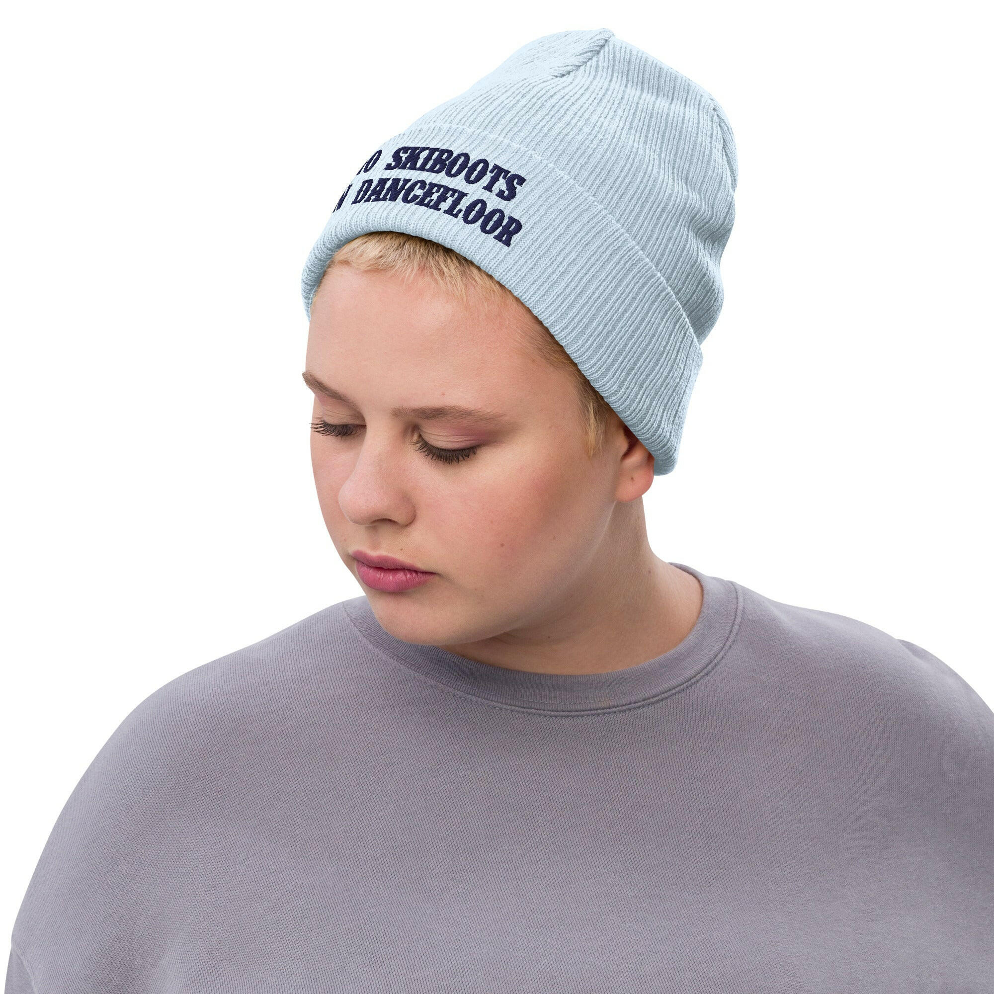 Eco ribbed knit beanie No Skiboots on Dancefloor Navy