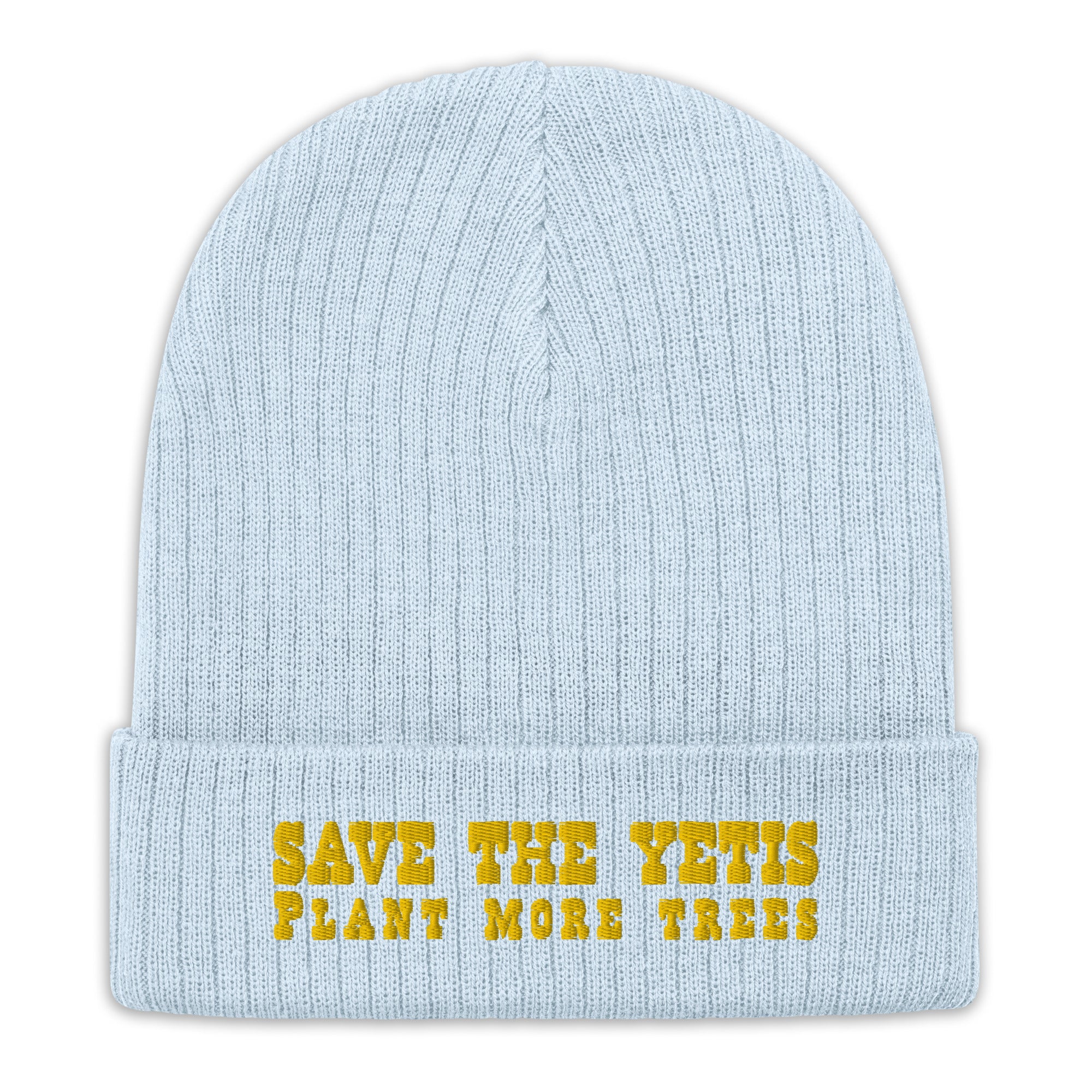 Eco ribbed knit beanie Save the Yetis, Plant more Trees Gold