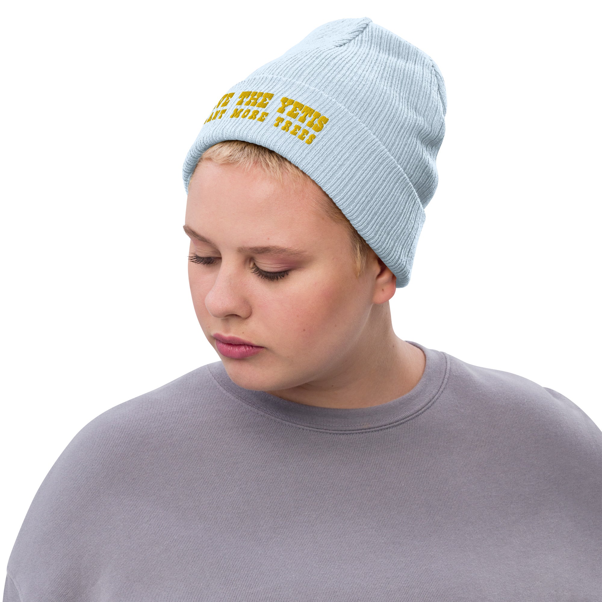 Eco ribbed knit beanie Save the Yetis, Plant more Trees Gold