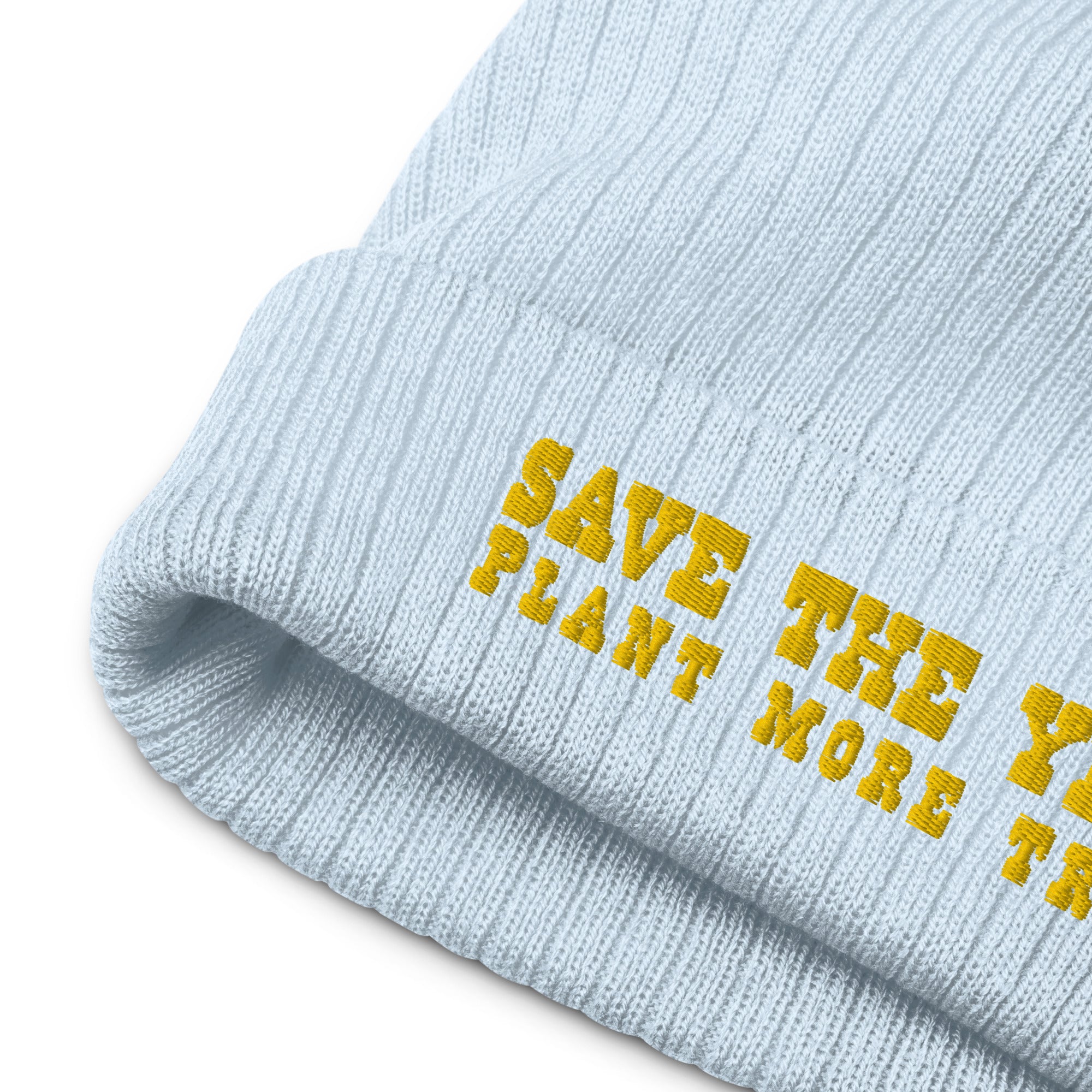 Eco ribbed knit beanie Save the Yetis, Plant more Trees Gold