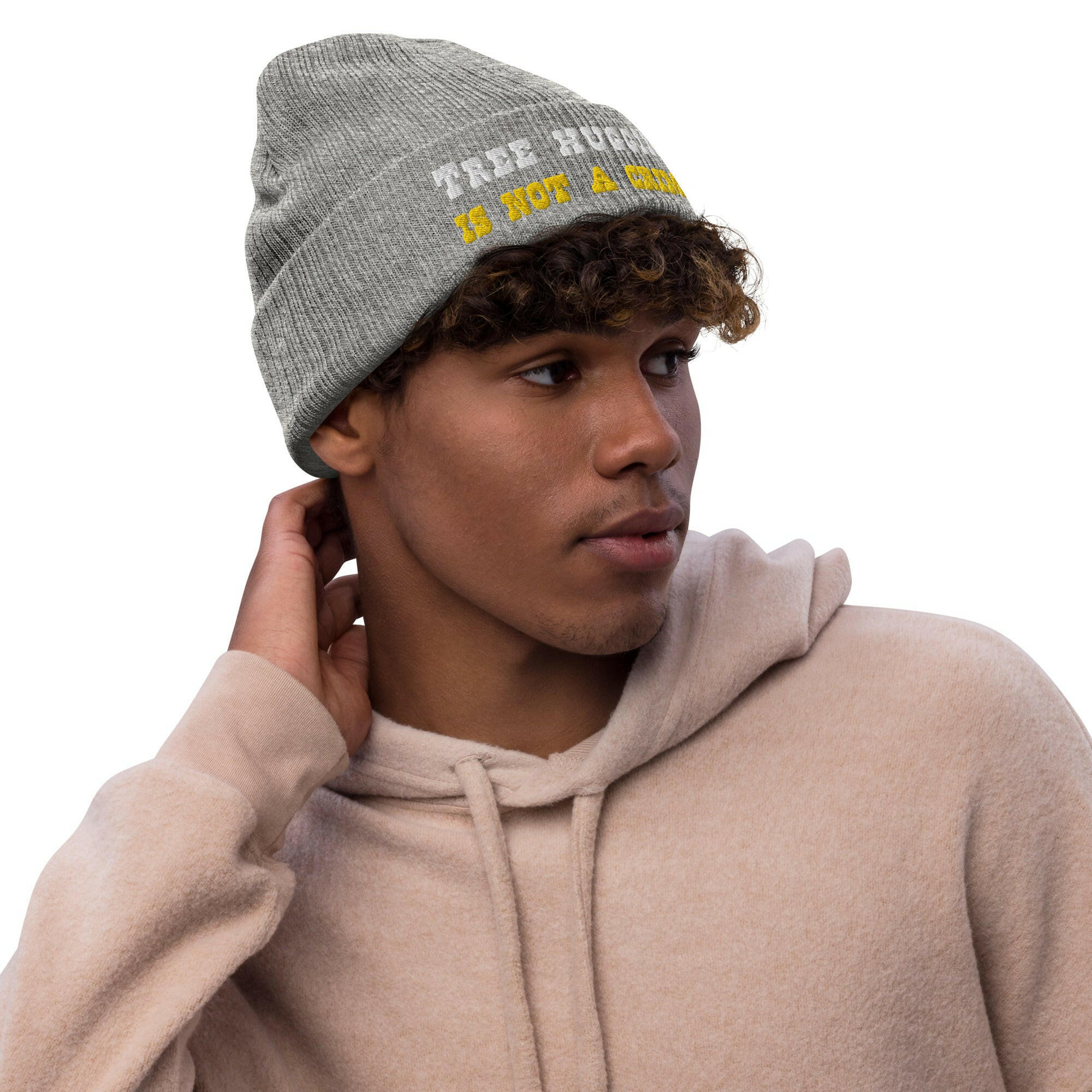 Eco ribbed knit beanie Tree Hugging is not a crime White/Gold