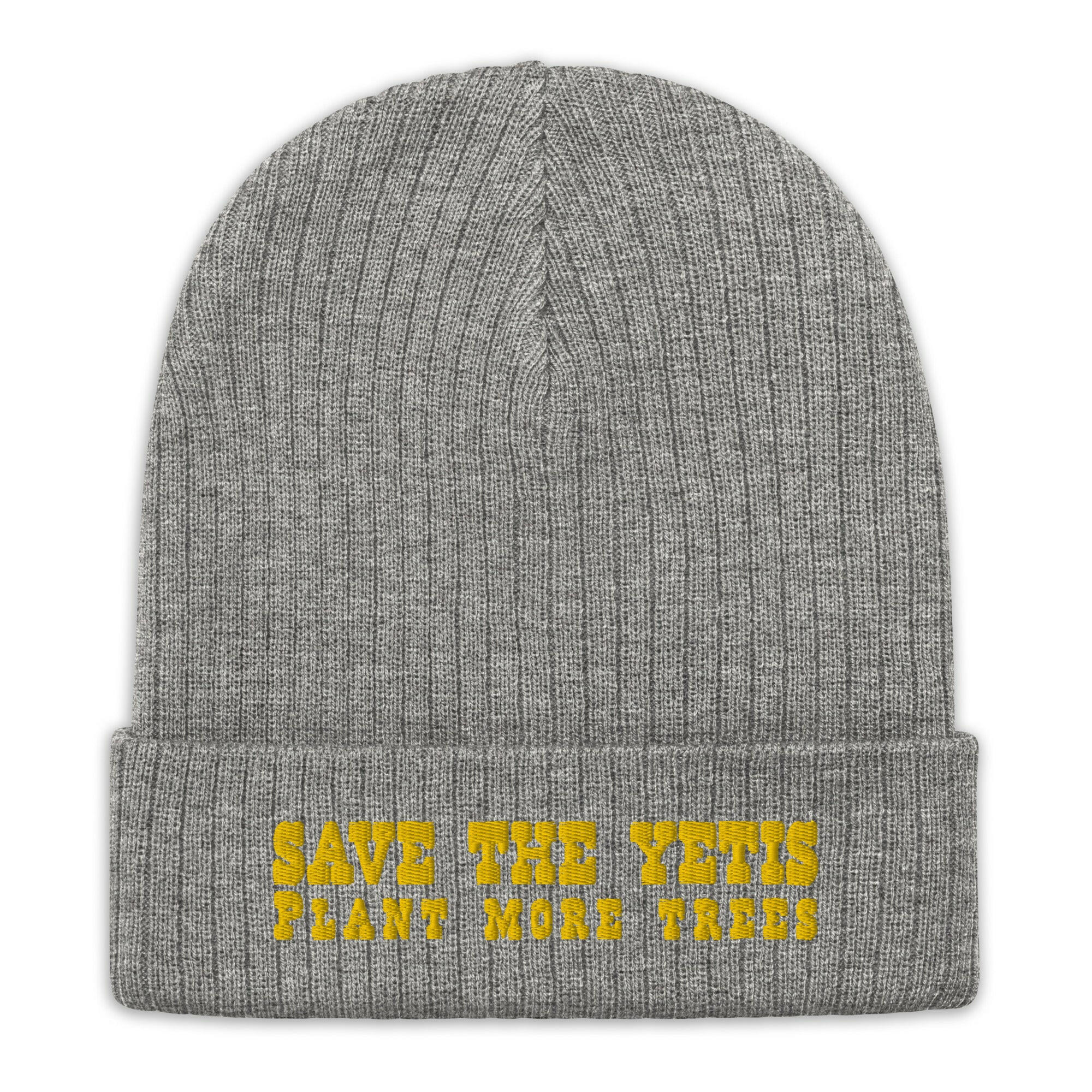 Eco ribbed knit beanie Save the Yetis, Plant more Trees Gold