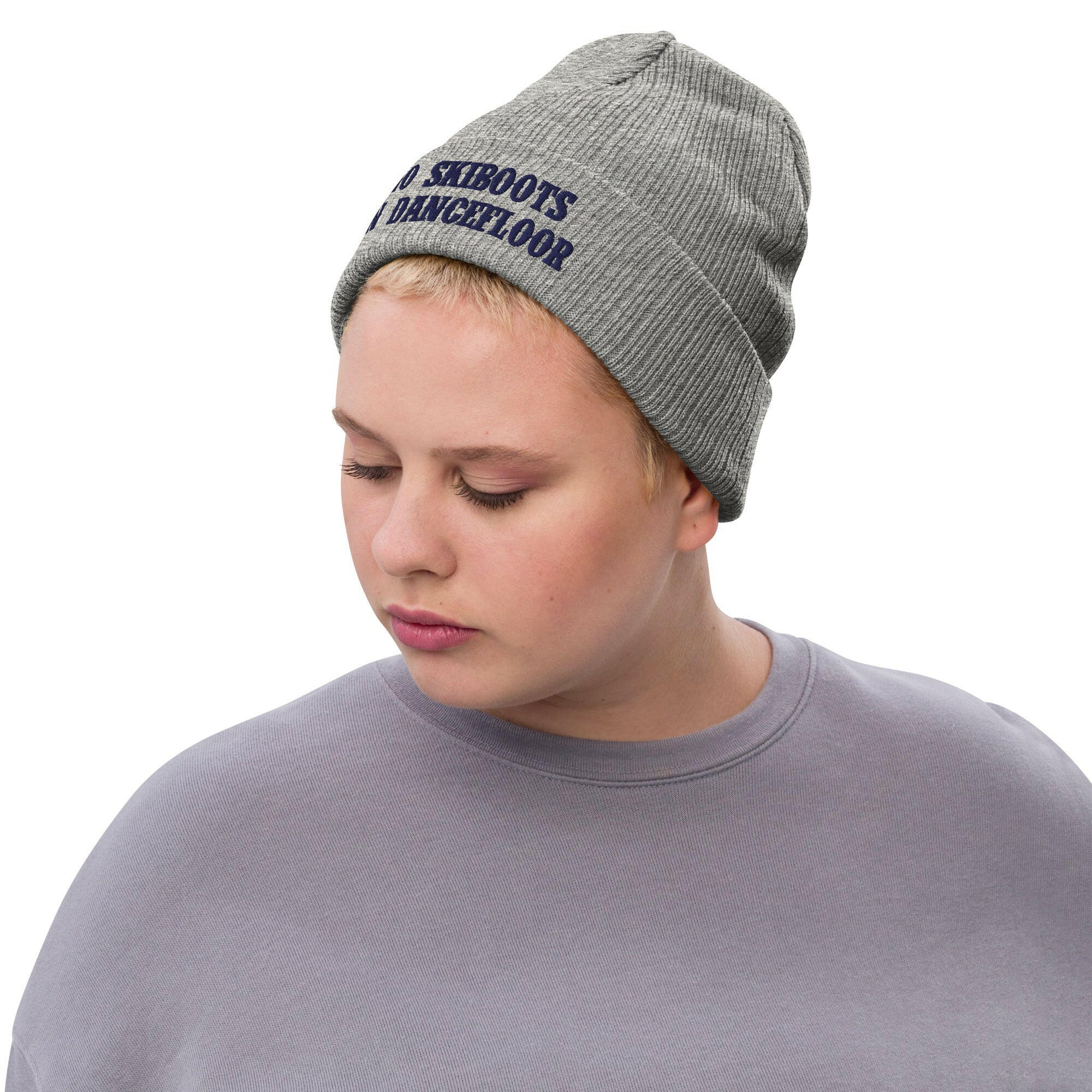 Eco ribbed knit beanie No Skiboots on Dancefloor Navy