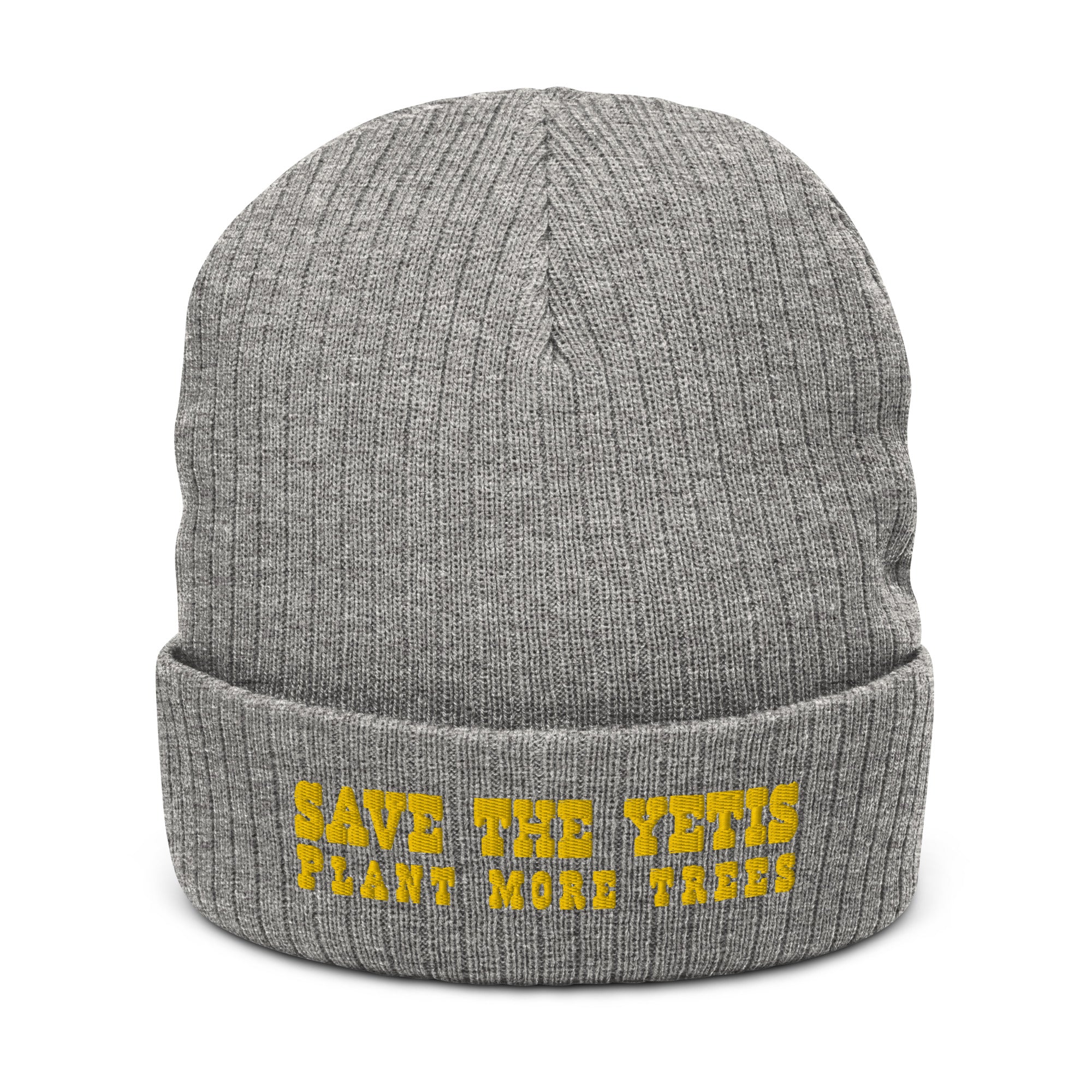 Eco ribbed knit beanie Save the Yetis, Plant more Trees Gold