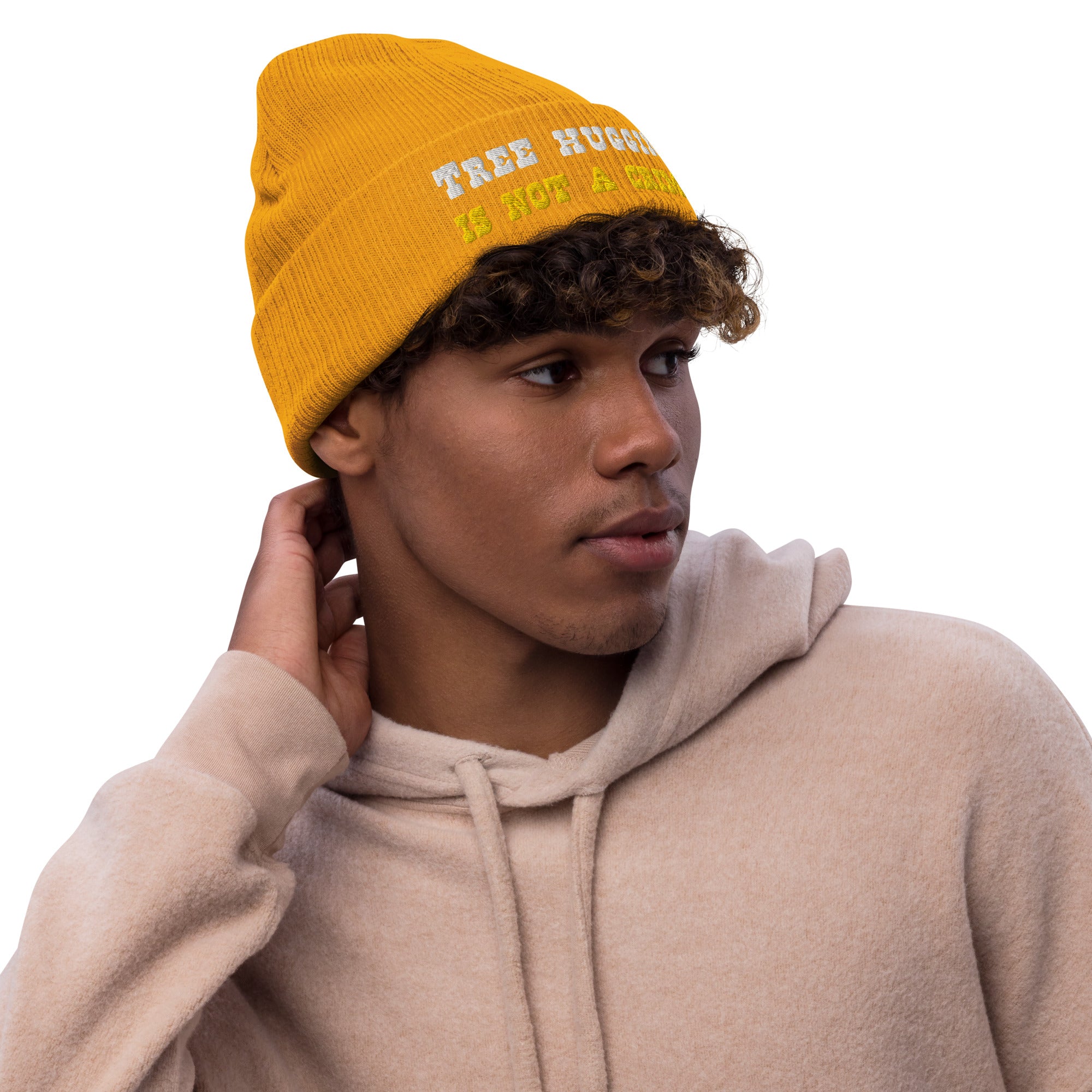 Eco ribbed knit beanie Tree Hugging is not a crime White/Gold
