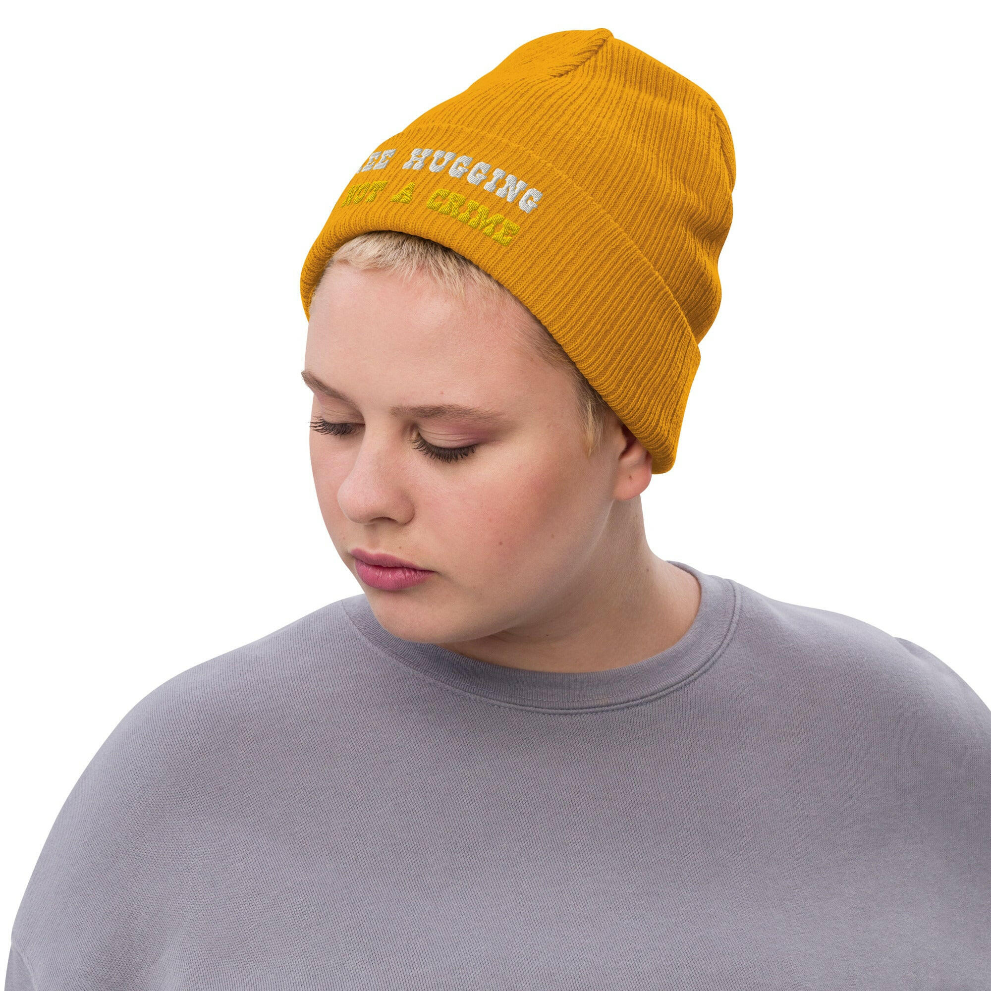 Eco ribbed knit beanie Tree Hugging is not a crime White/Gold