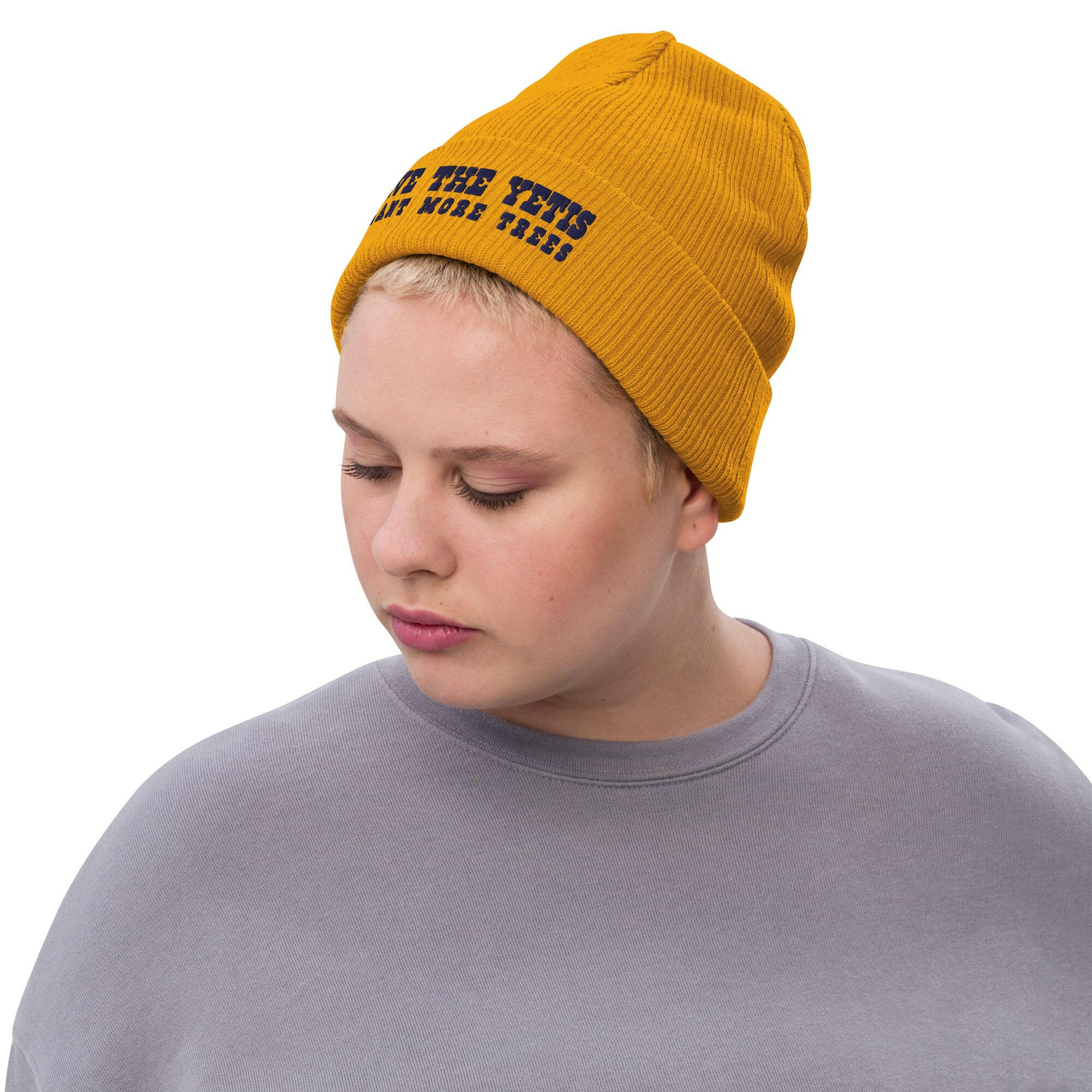 Eco ribbed knit beanie Save the Yetis, Plant more Trees Navy