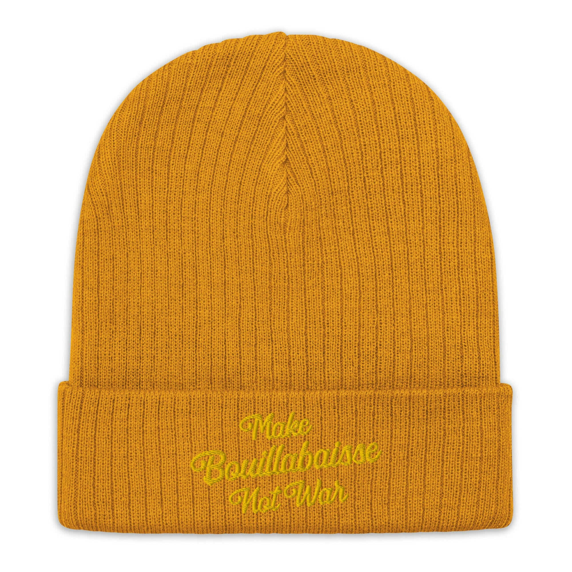 Eco ribbed knit beanie Make Bouillabaisse Not War Gold