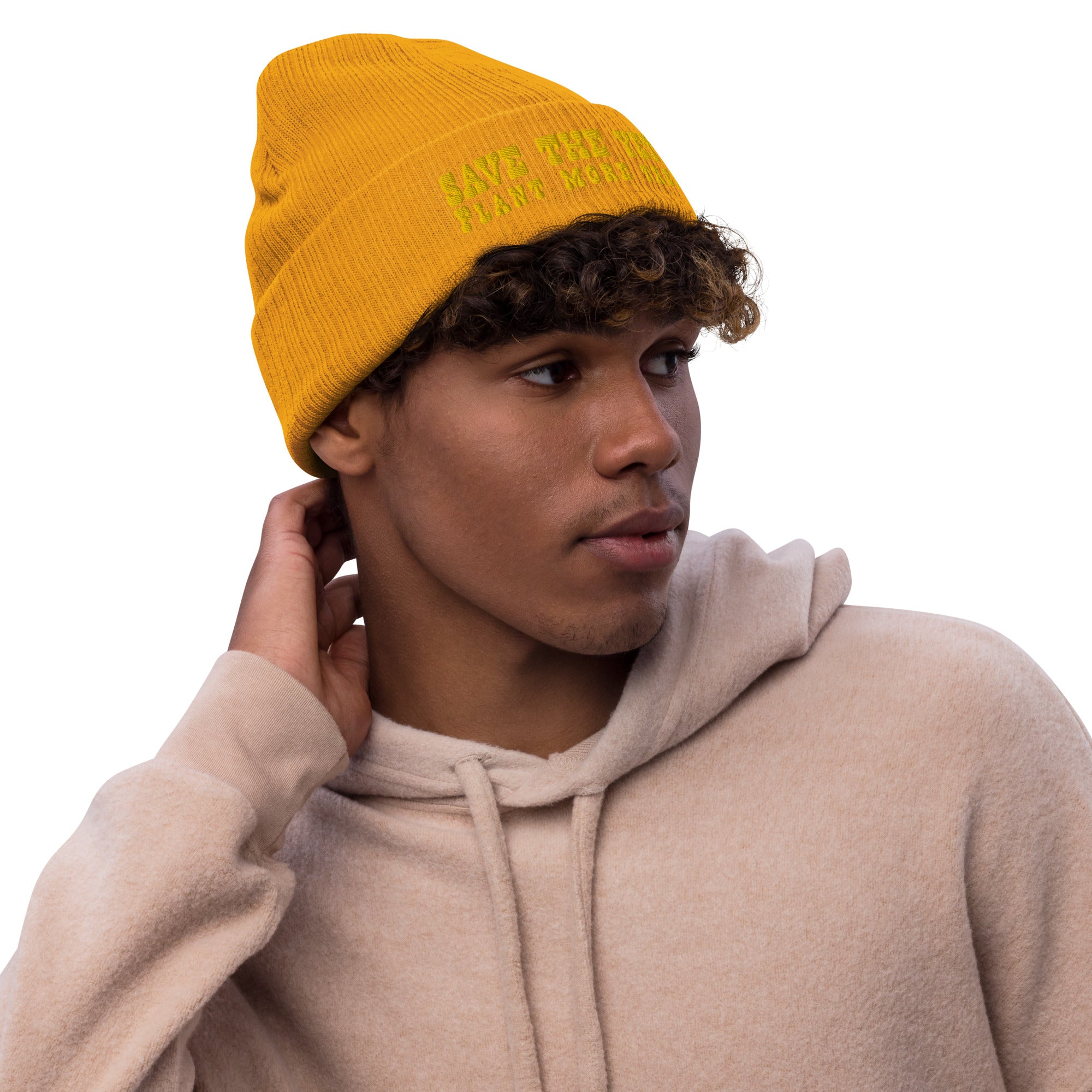 Eco ribbed knit beanie Save the Yetis, Plant more Trees Gold