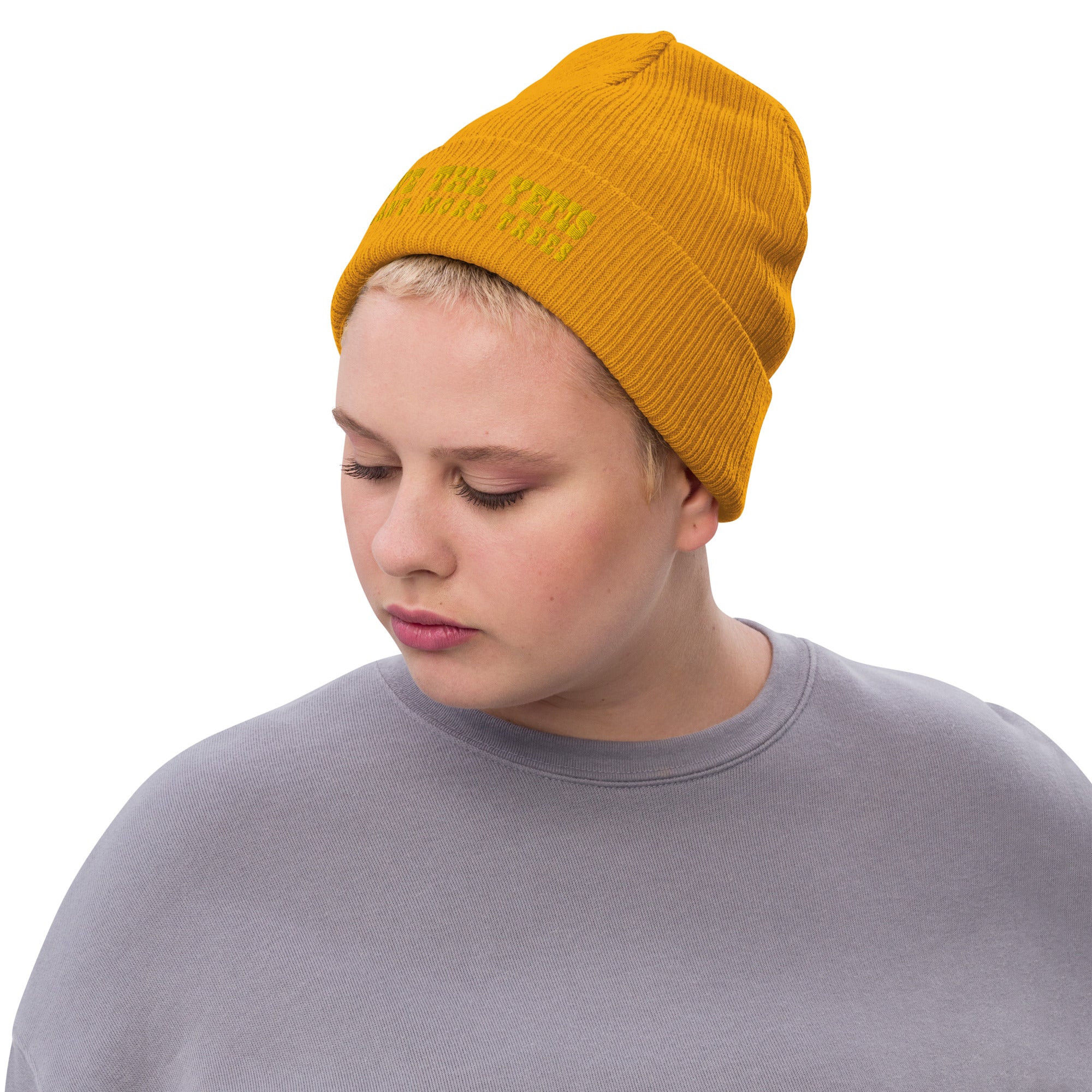 Eco ribbed knit beanie Save the Yetis, Plant more Trees Gold