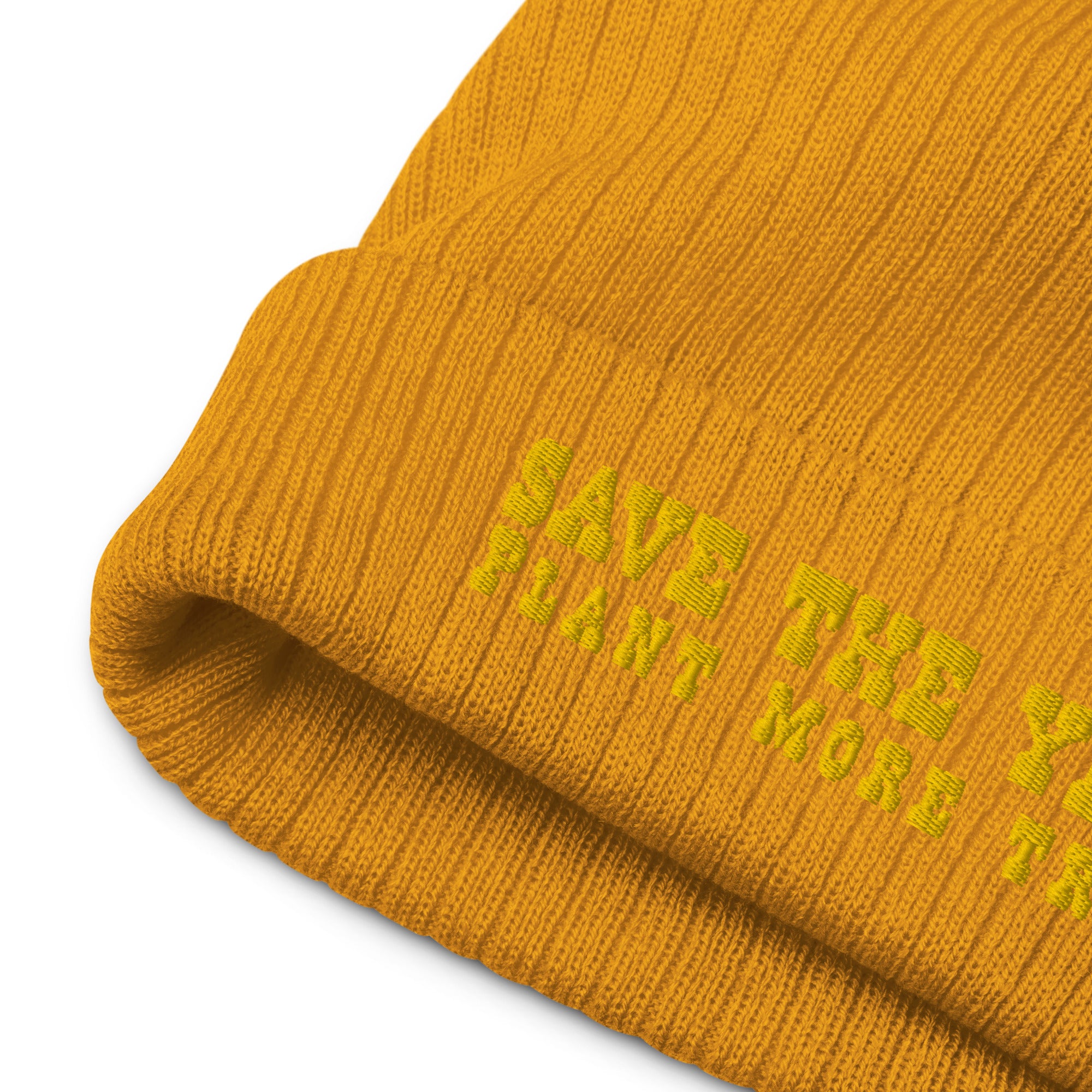 Eco ribbed knit beanie Save the Yetis, Plant more Trees Gold