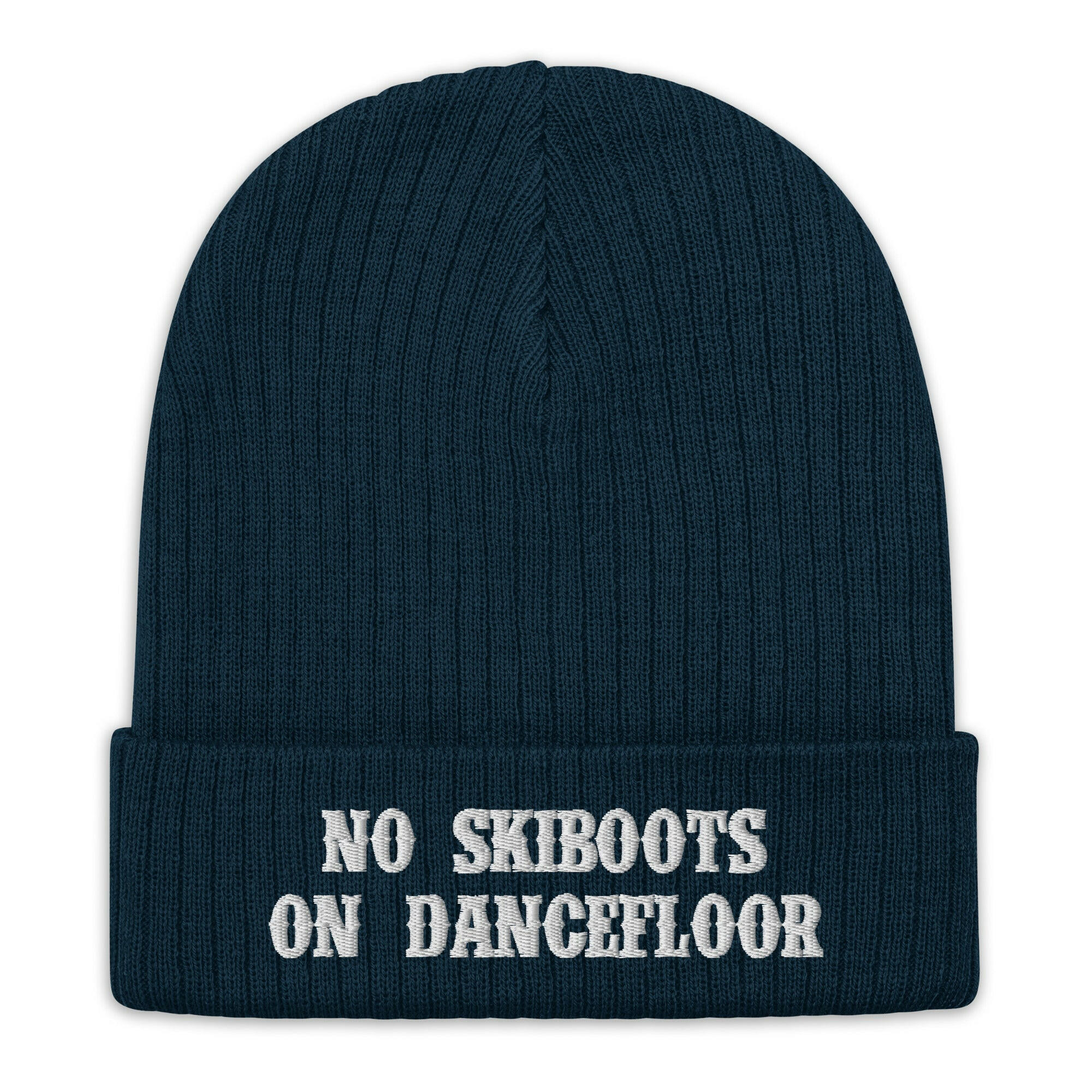 Bonnet éco-responsable en tricot côtelé No Skiboots on Dancefloor blanc