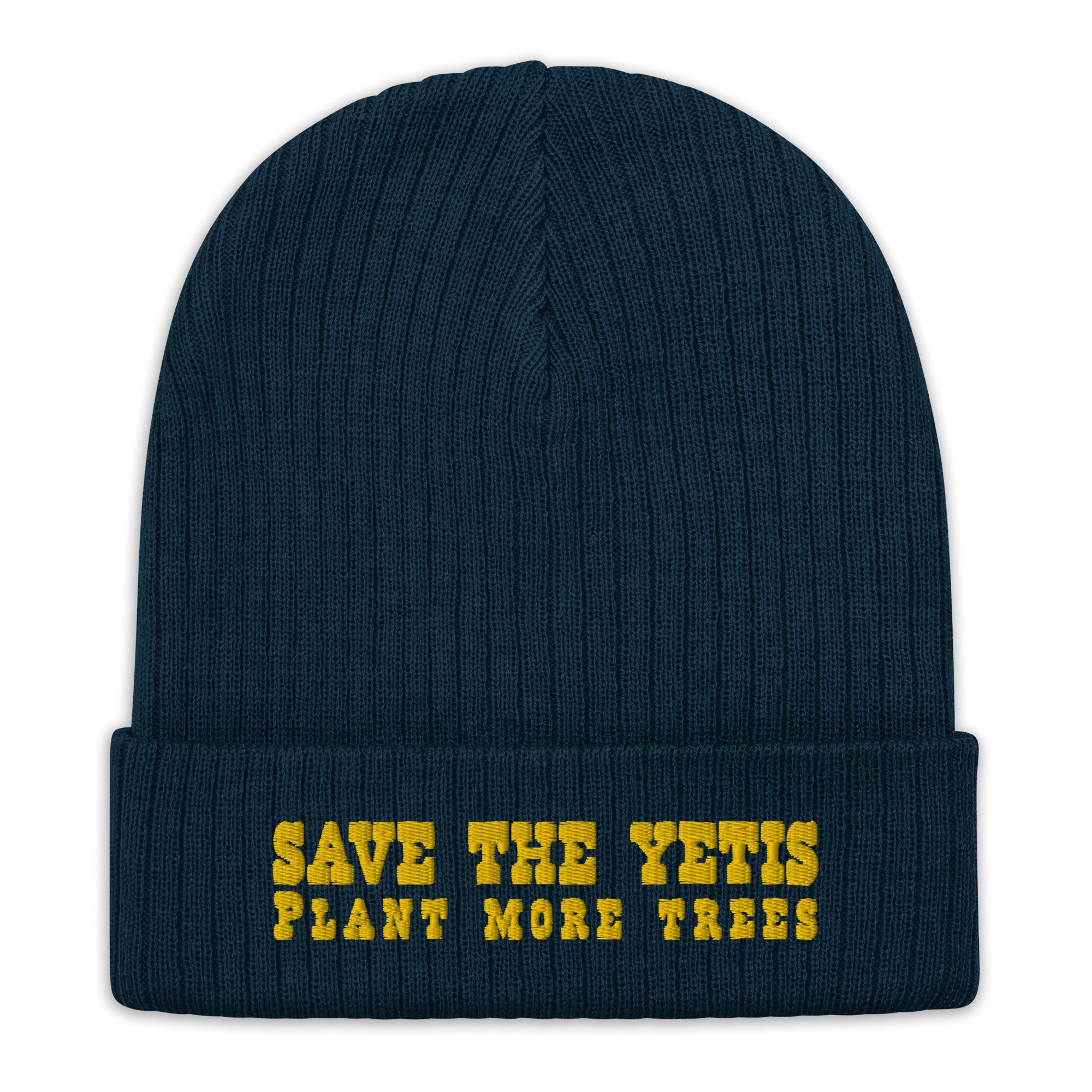 Eco ribbed knit beanie Save the Yetis, Plant more Trees Gold