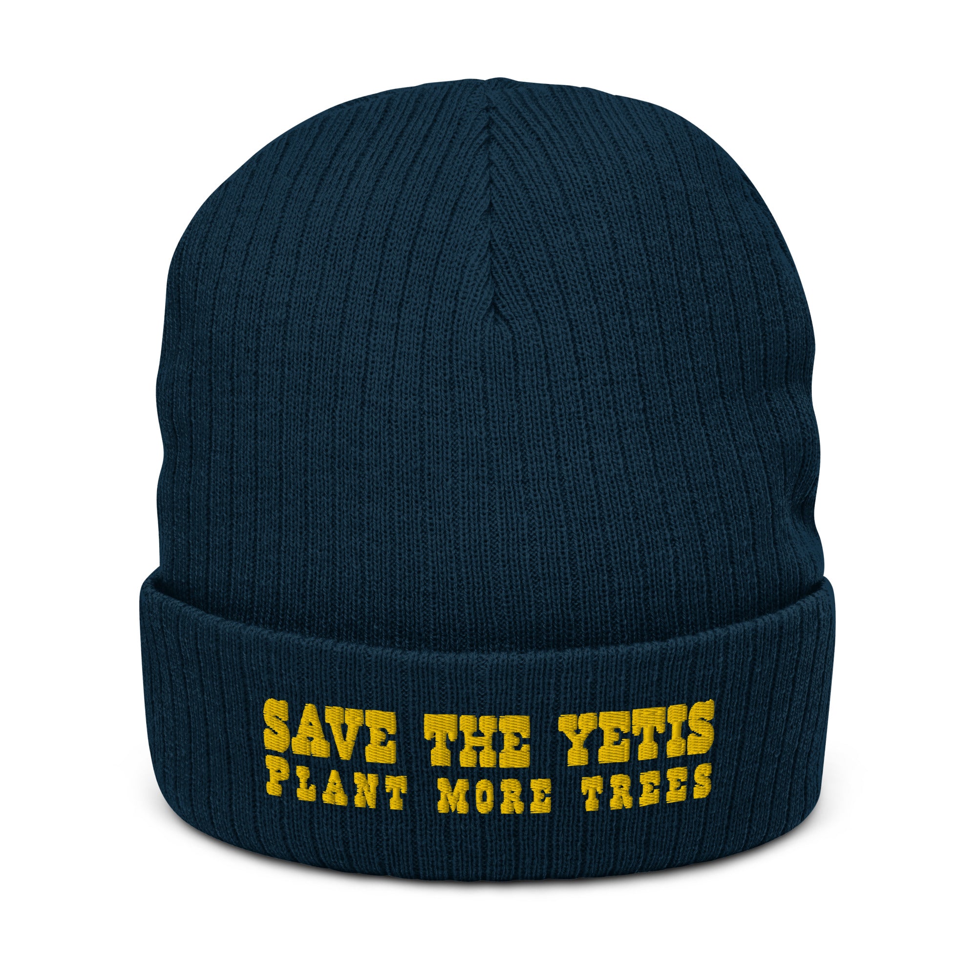 Eco ribbed knit beanie Save the Yetis, Plant more Trees Gold