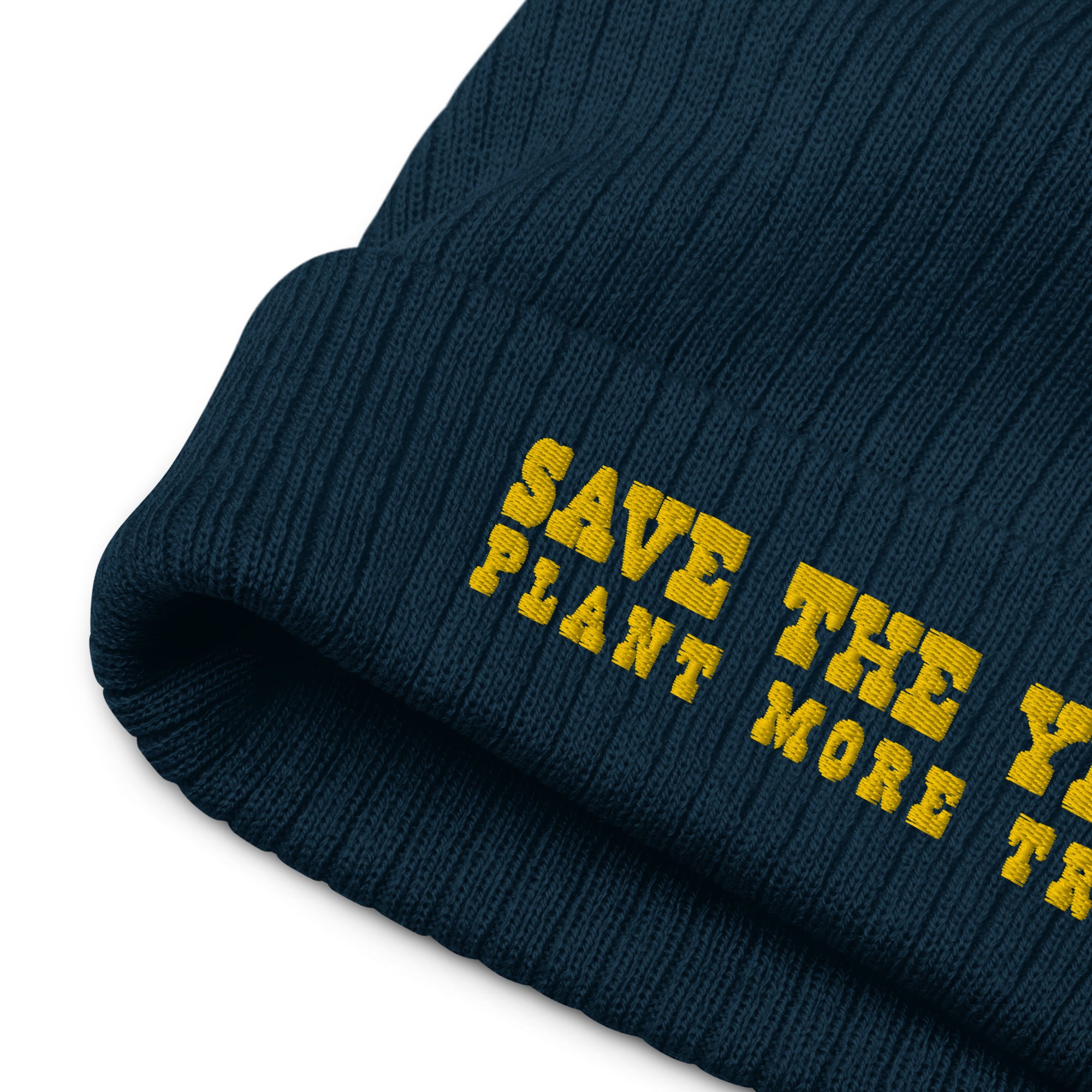 Eco ribbed knit beanie Save the Yetis, Plant more Trees Gold