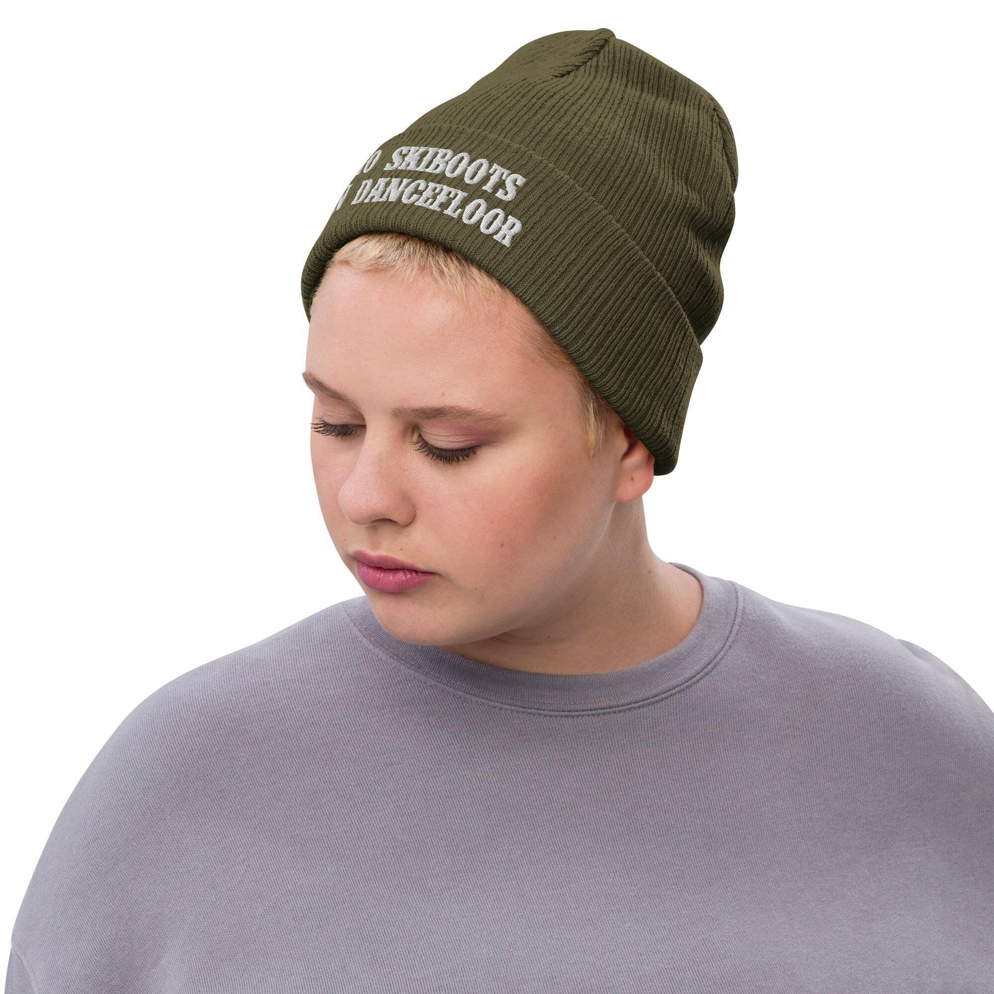 Eco ribbed knit beanie No Skiboots on Dancefloor White