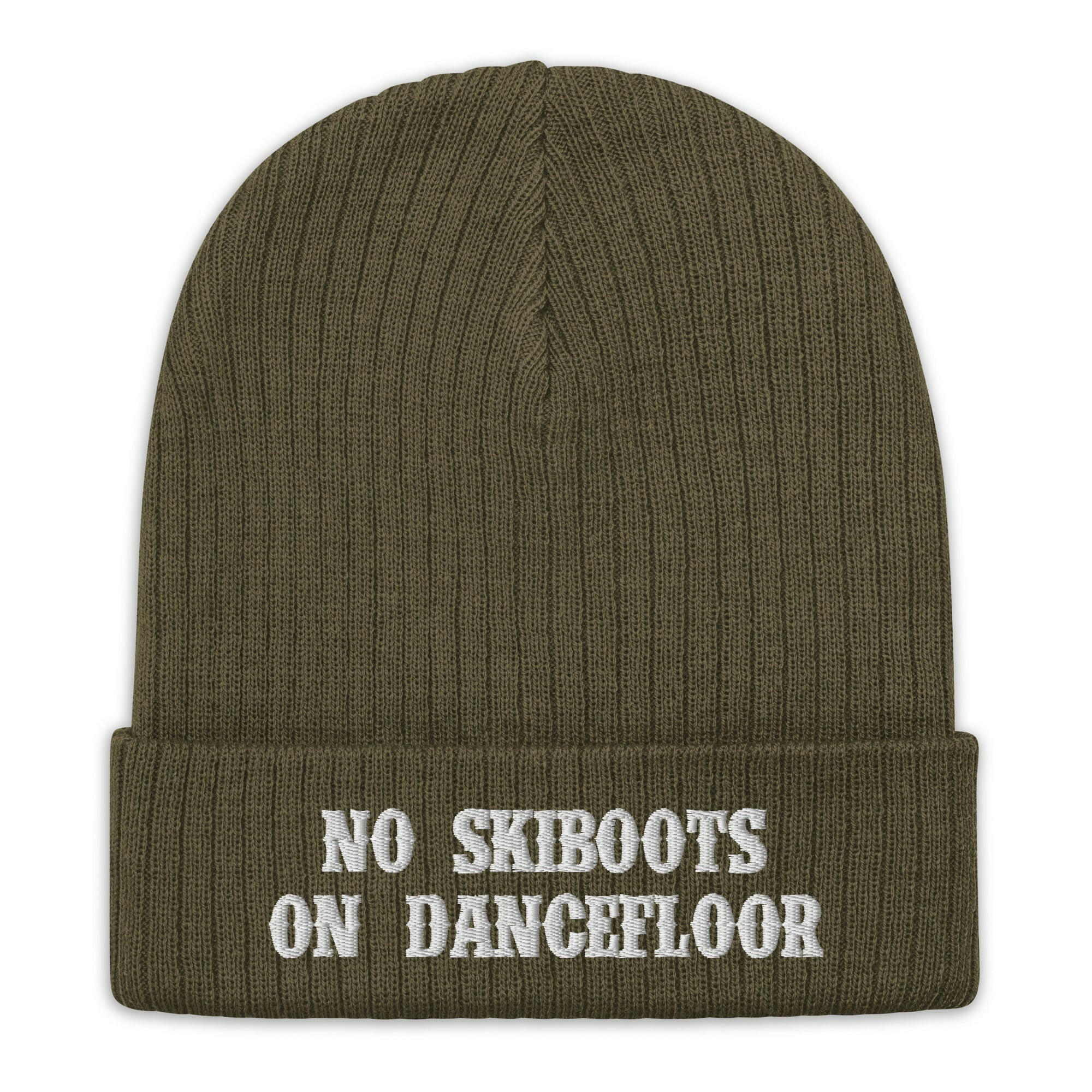 Eco ribbed knit beanie No Skiboots on Dancefloor White