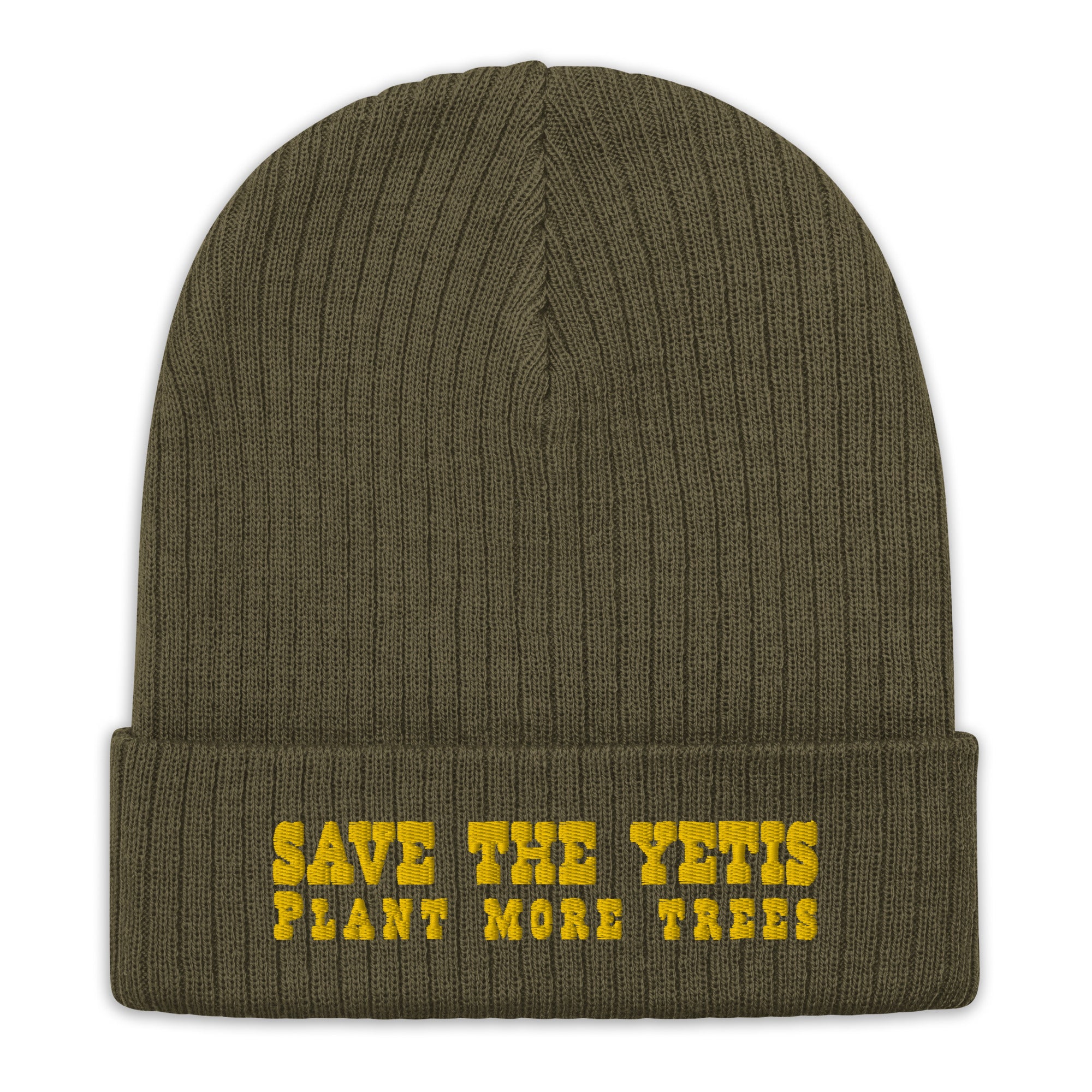 Eco ribbed knit beanie Save the Yetis, Plant more Trees Gold