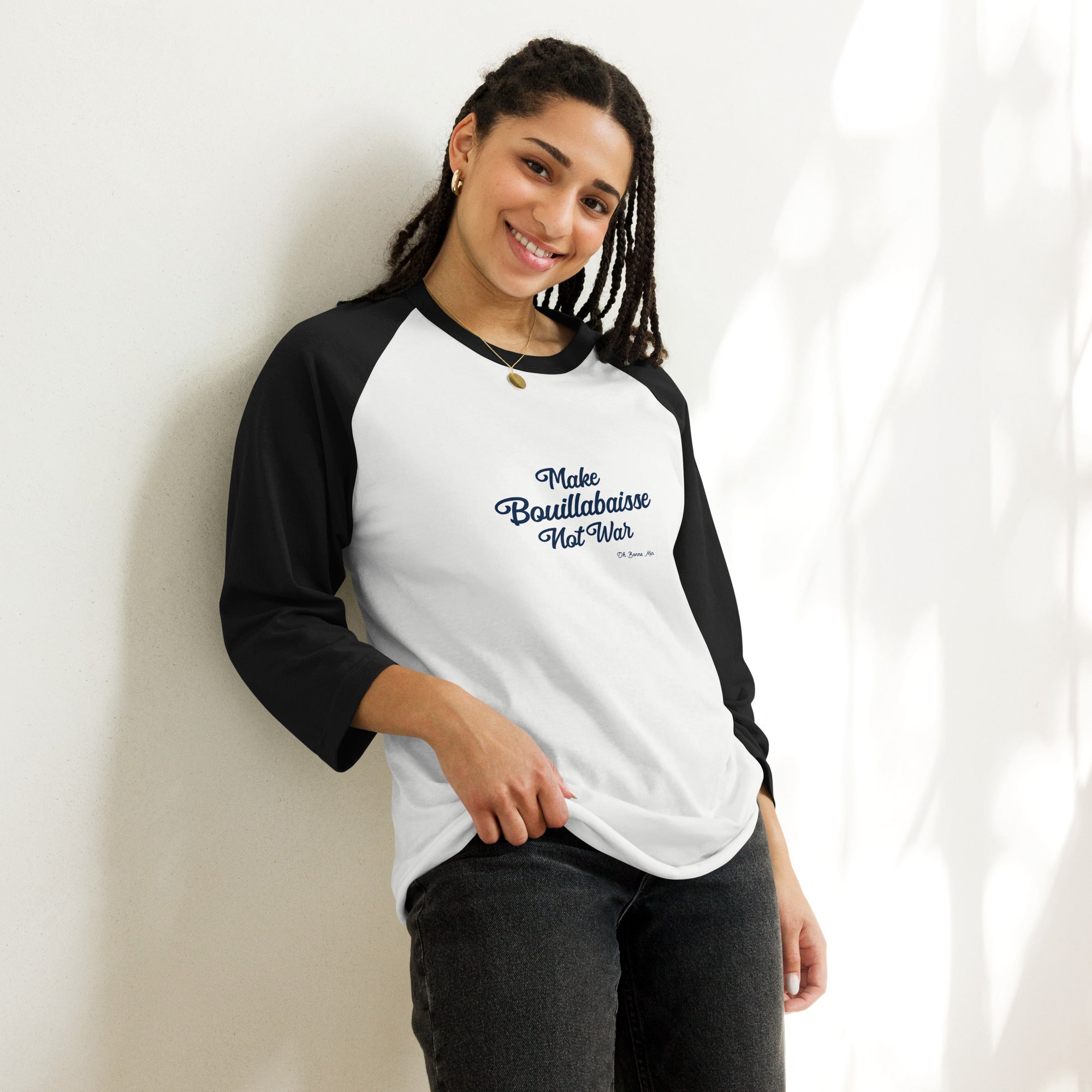 3/4 sleeve raglan t-shirt Make Bouillabaisse Not War Text Only Navy