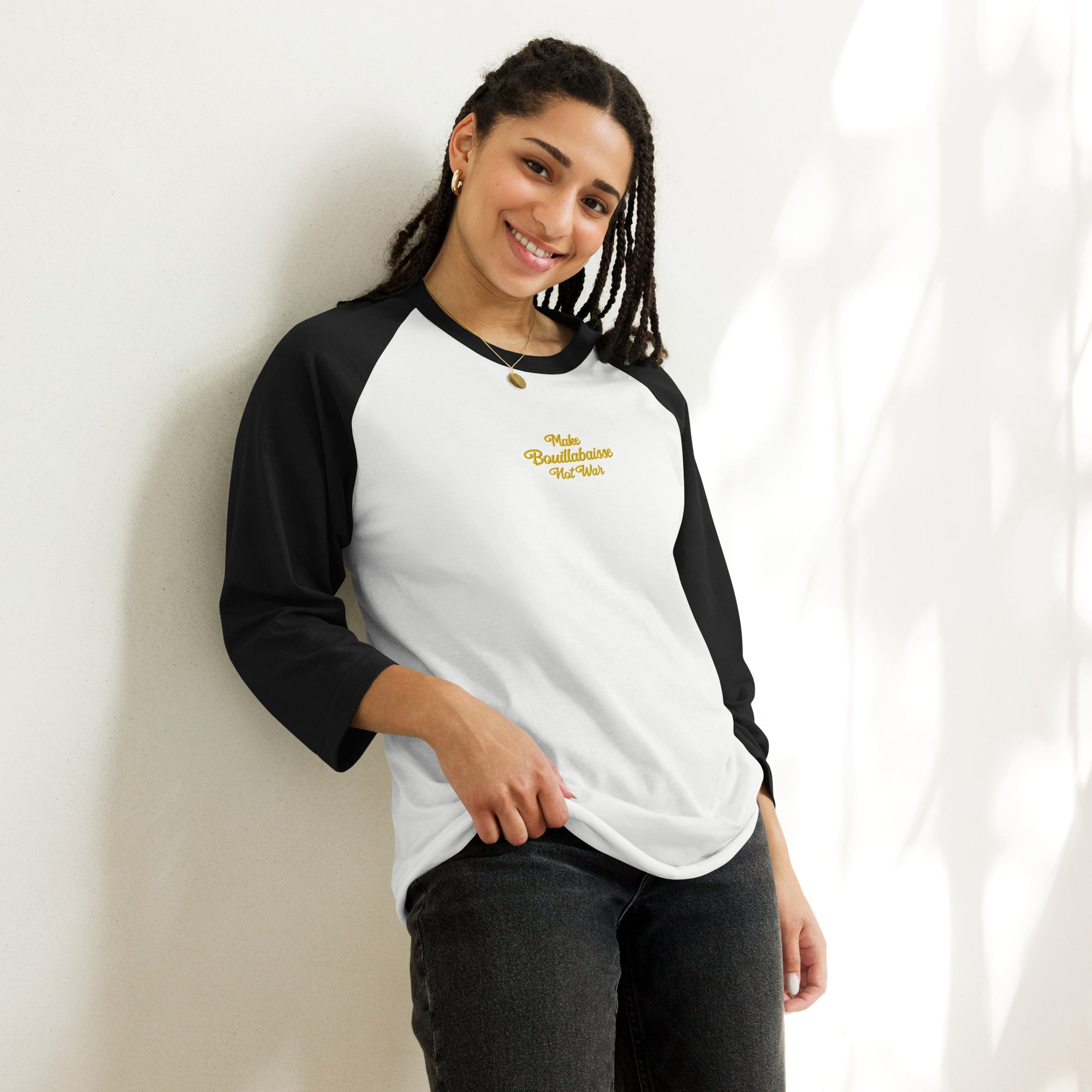 3/4 sleeve raglan t-shirt Make Bouillabaisse Not War gold embroidered pattern