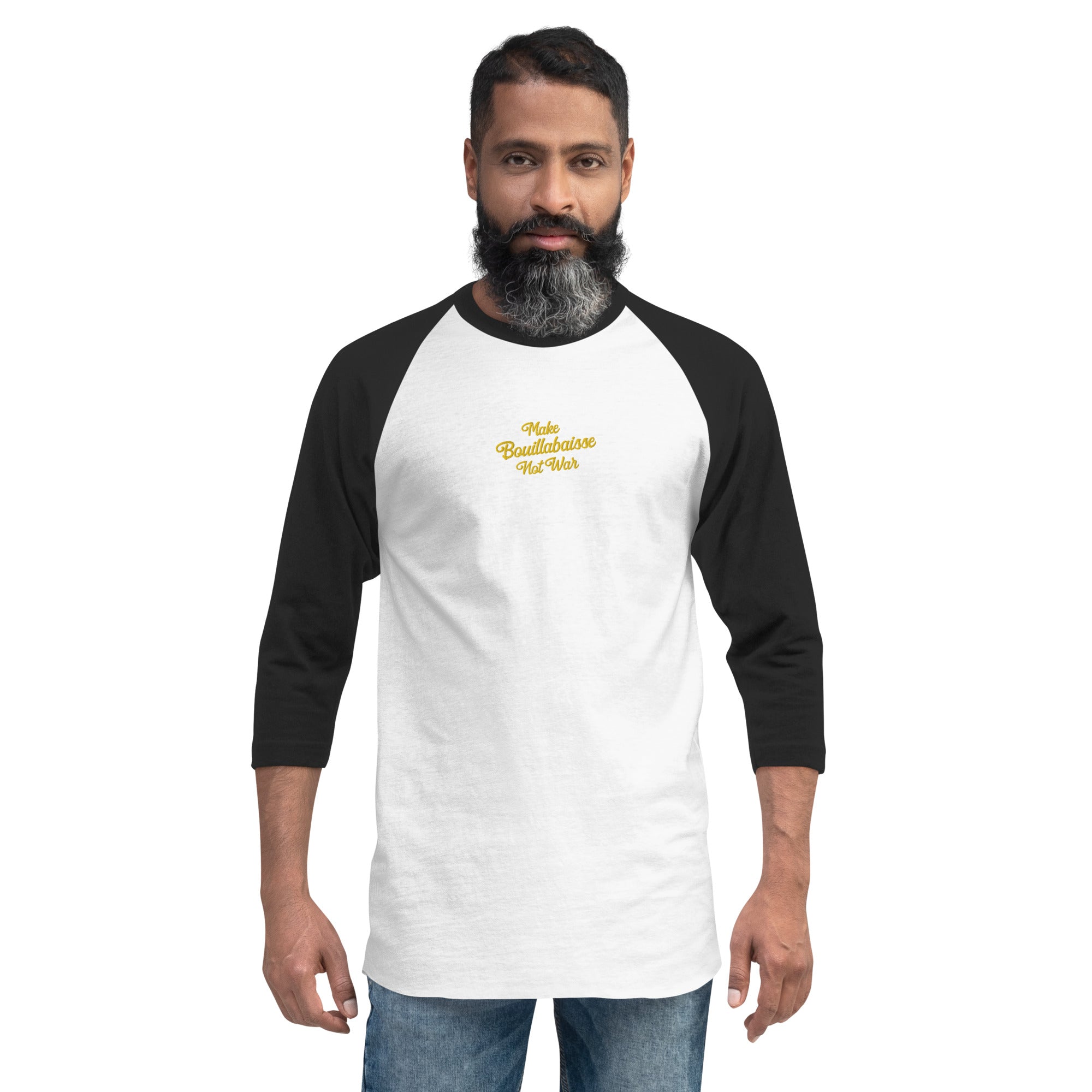 3/4 sleeve raglan t-shirt Make Bouillabaisse Not War gold embroidered pattern