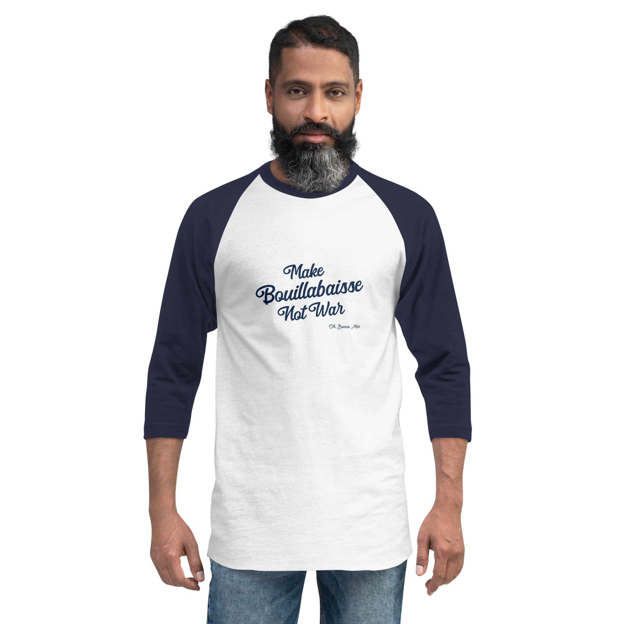 T-shirt à manches Raglan 3/4 Make Bouillabaisse Not War Text Only Navy