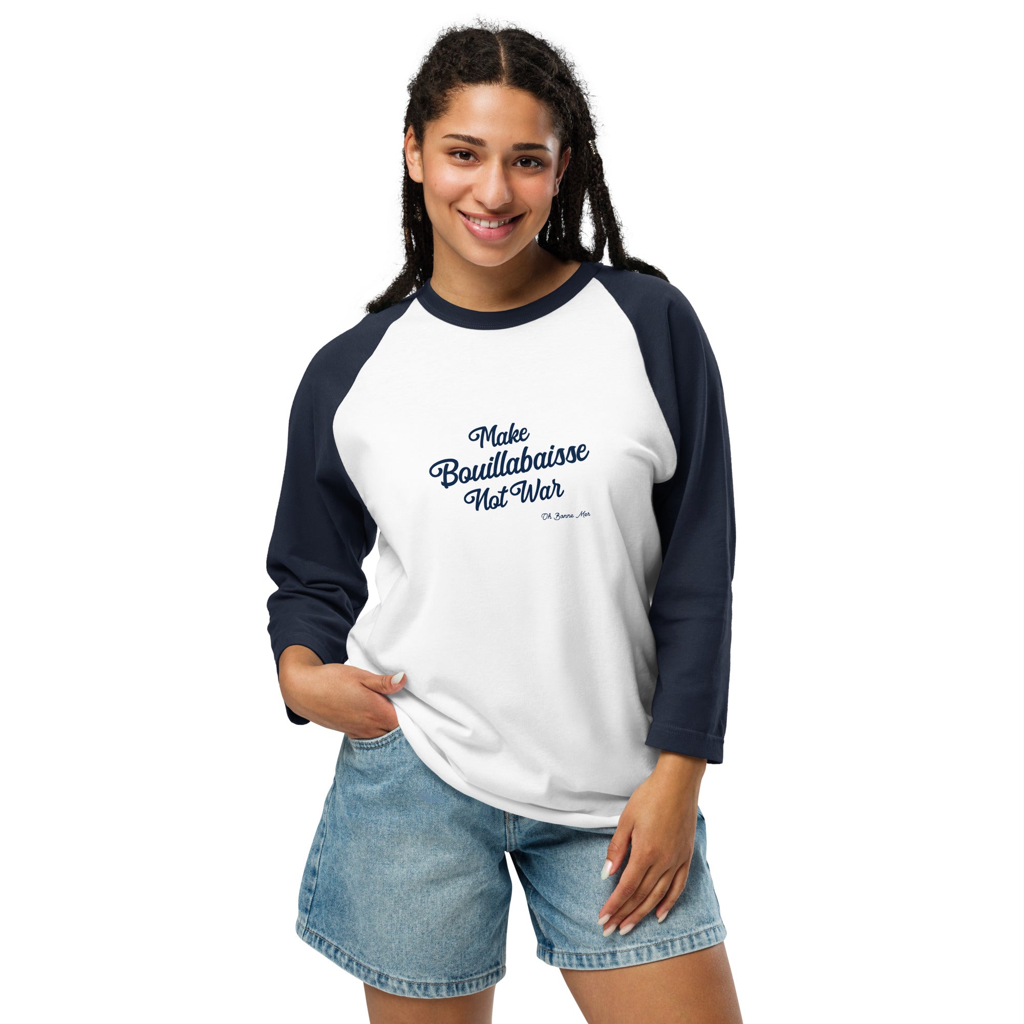 T-shirt à manches Raglan 3/4 Make Bouillabaisse Not War Text Only Navy