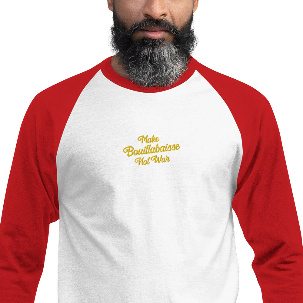 3/4 sleeve raglan t-shirt Make Bouillabaisse Not War gold embroidered pattern