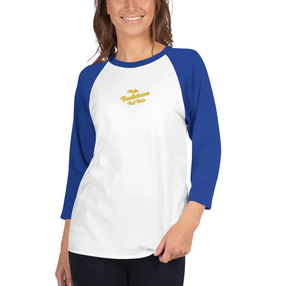 3/4 sleeve raglan t-shirt Make Bouillabaisse Not War gold embroidered pattern