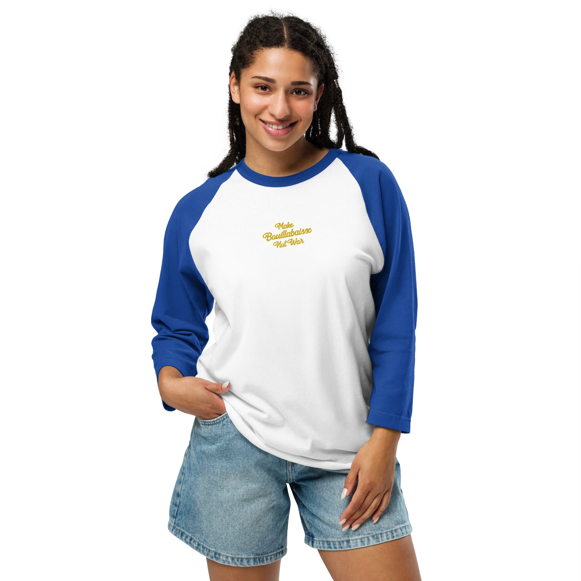 3/4 sleeve raglan t-shirt Make Bouillabaisse Not War gold embroidered pattern