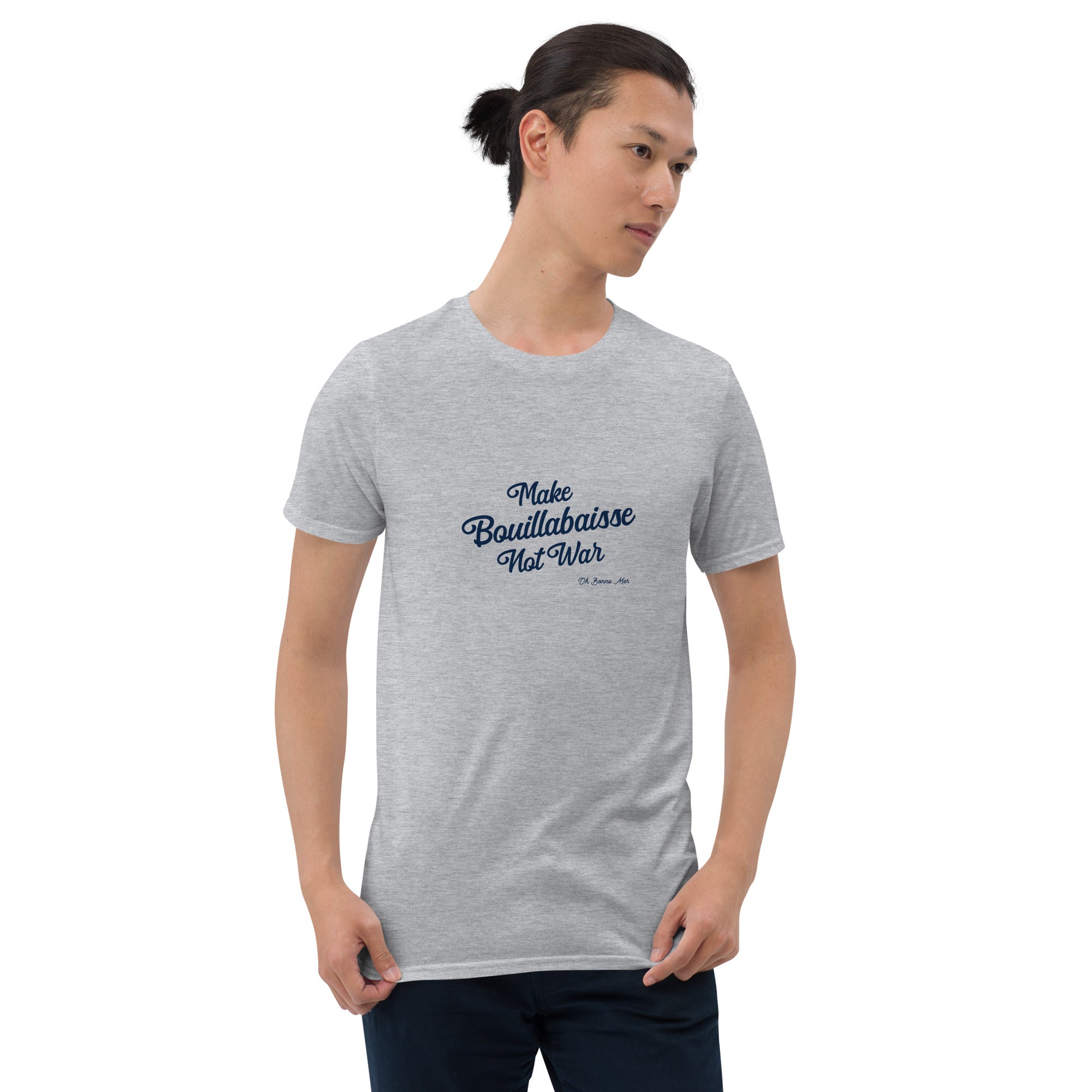 Softstyle Cotton T-Shirt Make Bouillabaisse Not War Text Only Navy embroidered pattern