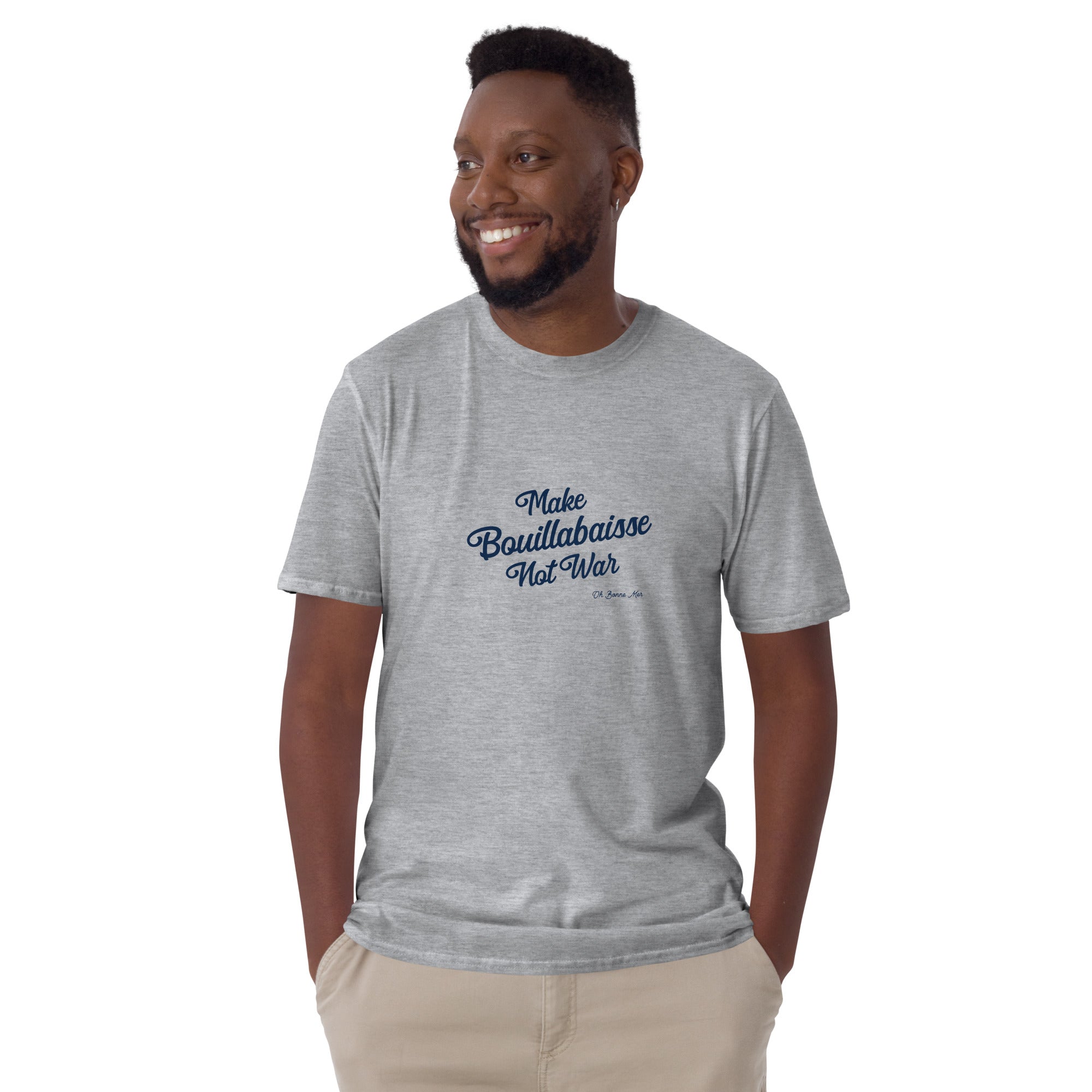 Softstyle Cotton T-Shirt Make Bouillabaisse Not War Text Only Navy embroidered pattern