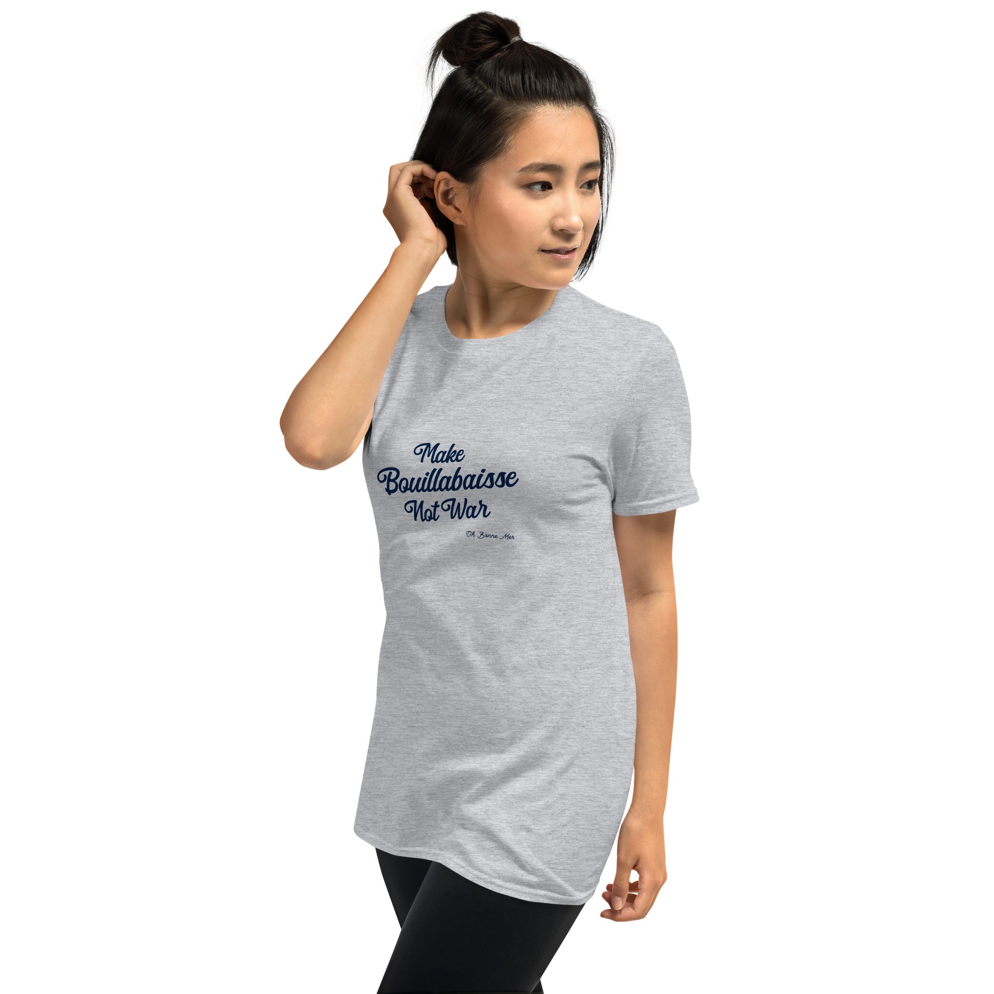 Softstyle Cotton T-Shirt Make Bouillabaisse Not War Text Only Navy embroidered pattern